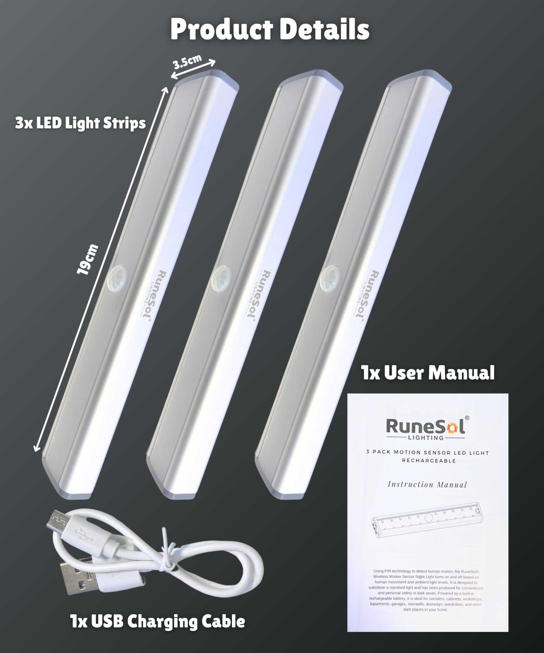 Motion Sensor Under Cabinet Lights - 3 Pack Rechargeable 20 LED Strip Lights for Kitchen, Wardrobe & Bedroom | Battery Operated Night Lighting for Cabinets, Closets & Dark Spaces