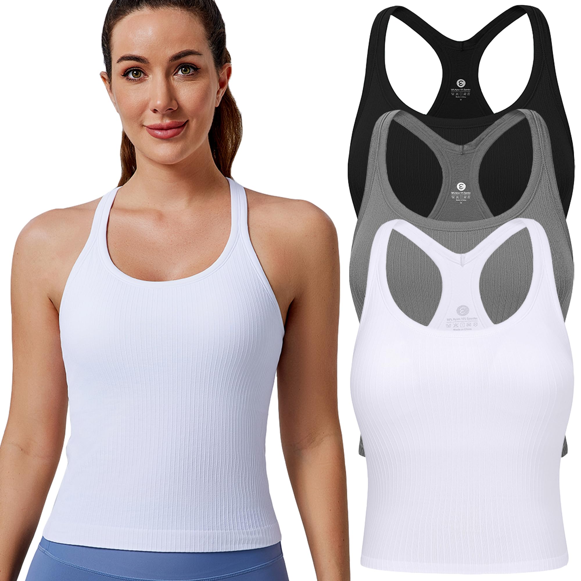 Evercute Women's 1/2/3 Pack Ribbed Workout Tank Tops with Built-in Bra - Racerback Seamless Crop Camisole for Yoga, Gym & Running | Breathable Sports Tanks for Women