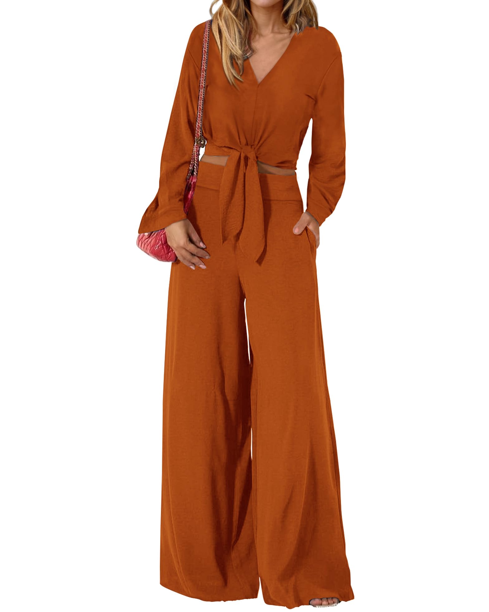 PRETTYGARDEN Women's 2 Piece Outfit Set 2025 Spring Casual V-Neck Long Sleeve Strappy Crop Top with Wide Leg Palazzo Pants | Trendy Matching Sets for Work, Date Night & Spring Outings