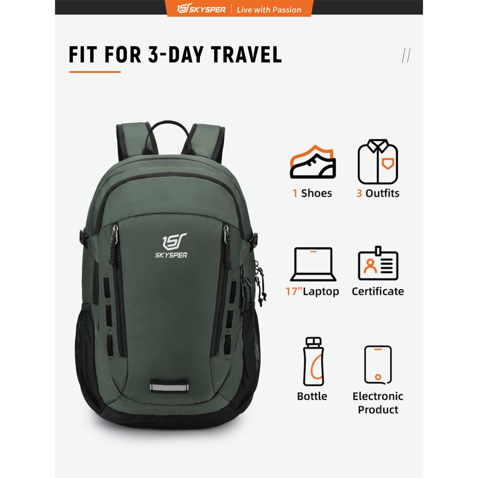 SKYSPER 30L Lightweight Hiking Backpack - Waterproof Travel Daypack for Men & Women (Green) | Perfect for Outdoor Adventures, Camping & Daily Commute