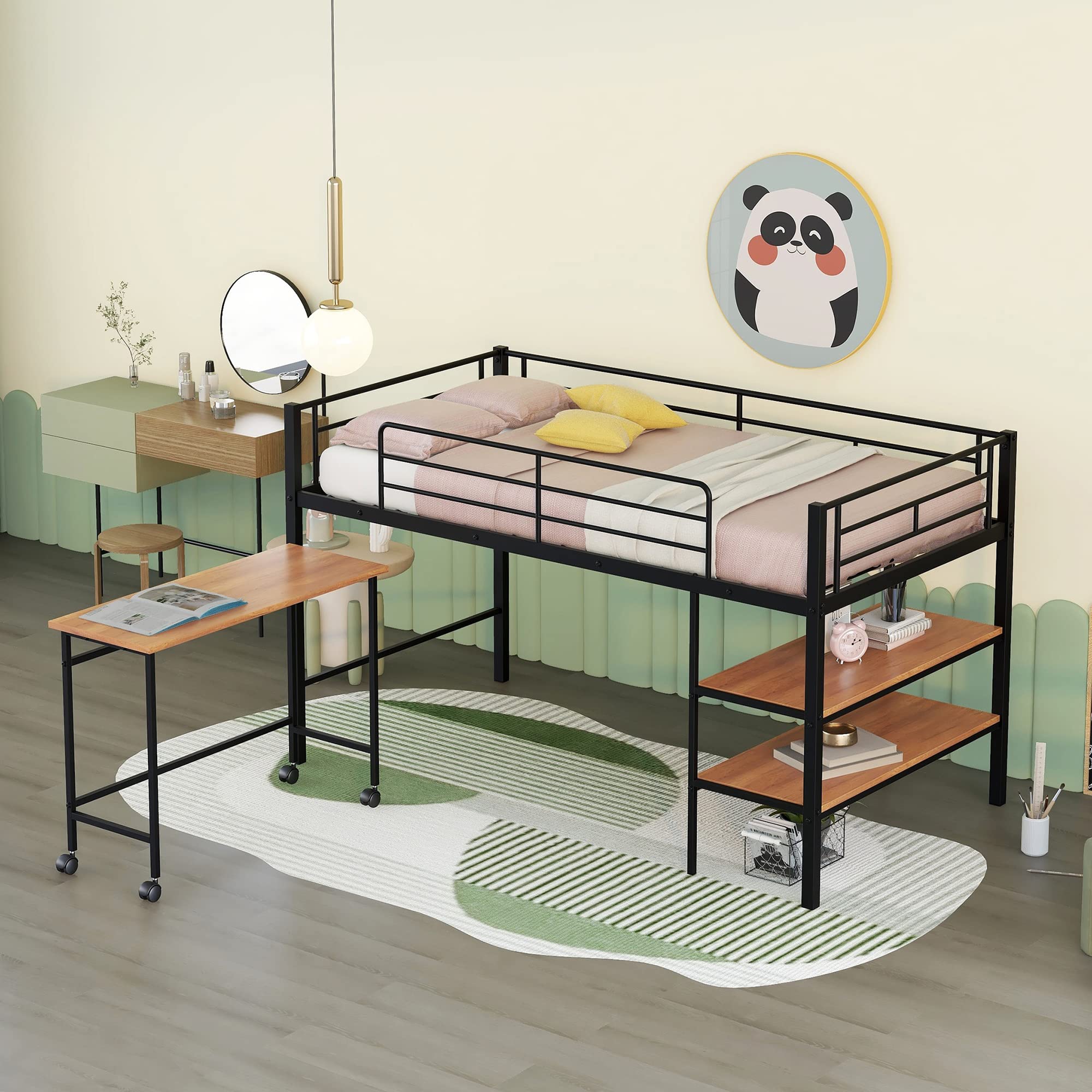 Twin Metal Bunk Bed with Rolling Desk & Ladder - Space Saving Loft Bed for Kids & Teens with 2 Shelves - Perfect for Small Bedrooms, Dorms & Shared Kids Rooms