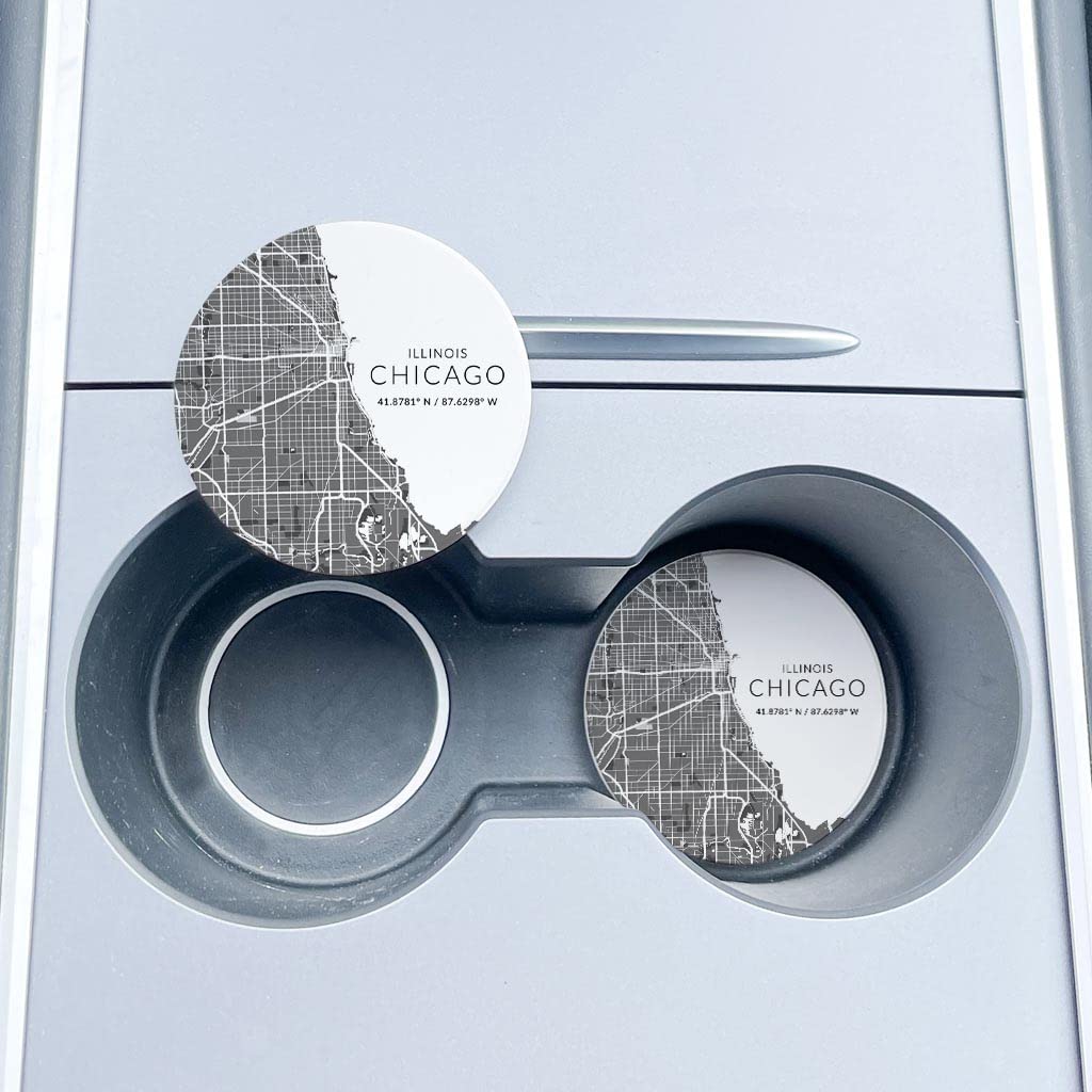 Minimalist Chicago Map Ceramic Car Coasters - Set of 2, 2.65-inch Round Cup Holder Protectors for Vehicles, Joyride Home Décor - Keep Your Car Clean & Stylish | Perfect for Road Trips, Commuting & Coffee Lovers