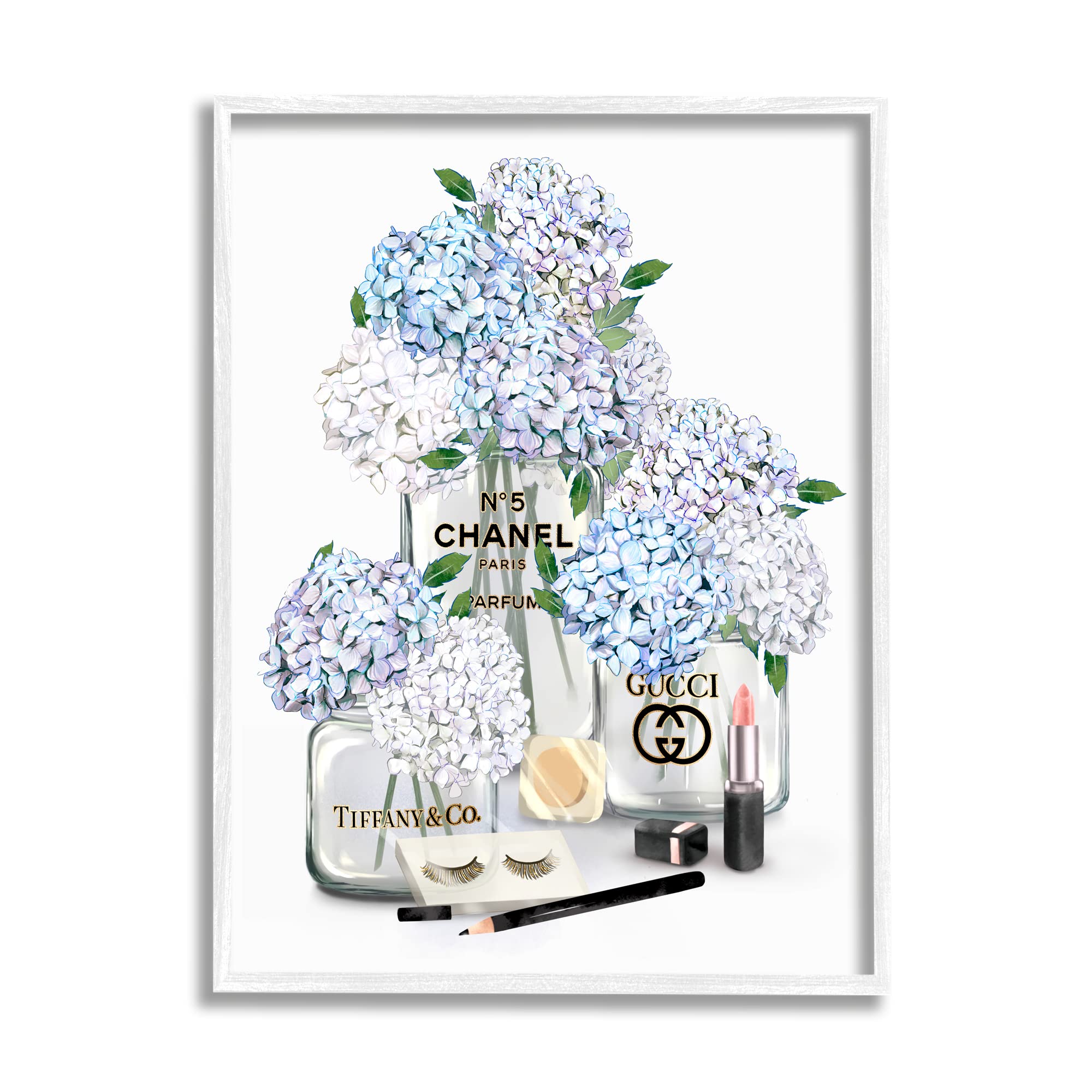 Stupell Industries Glam White & Blue Hydrangea Perfume Bottles & Lipstick Wall Art - Floral Illustration by Ziwei Li - Perfect for Bathroom Decor, Vanity Makeup Room & Feminine Home Decor