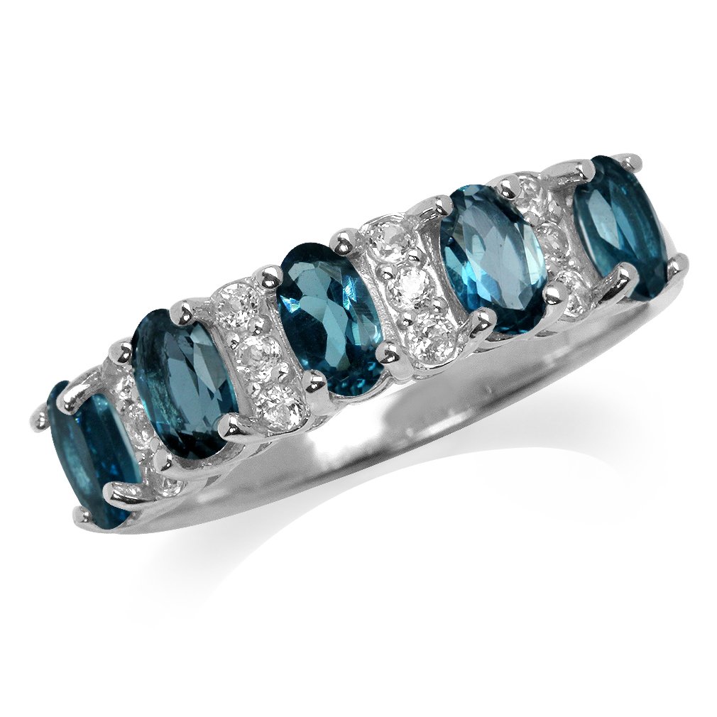 1.35ct London Blue Topaz Ring - 5 Stone Genuine White Gold Plated 925 Sterling Silver Jewelry for Women, Elegant Gift for Anniversary, Engagement, Wedding & Special Occasions