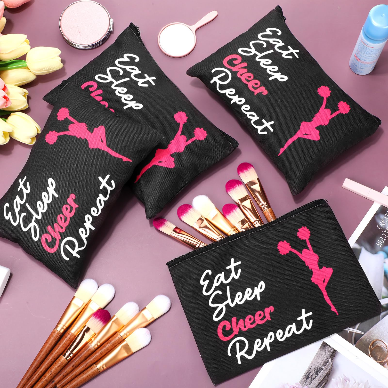 12 Pcs Makeup Bags for Women - Portable Cosmetic Organizer with Zipper, Canvas Travel Toiletry Case - Perfect for Team Party Favors, Bridesmaid Gifts & Cheerleading Events (Cheer) - Ideal for Travel, Gym, Daily Use & Makeup Storage