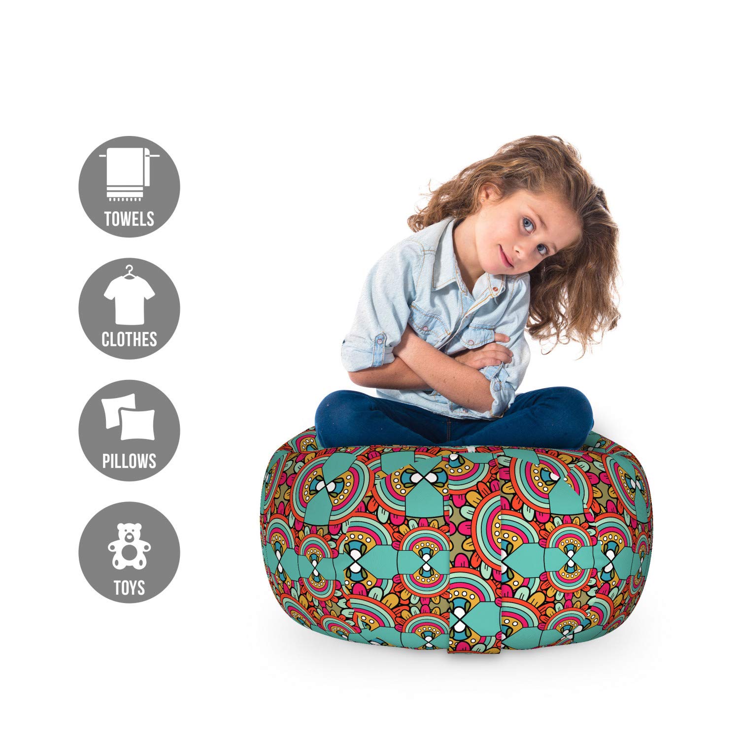 Ambesonne Tribal Storage Toy Bag Chair - Ethnic Abstract Pattern Art, Washable Stuffed Animal Organizer, Small Size Seafoam Magenta - Perfect for Kids' Room, Playroom & Nursery Organization