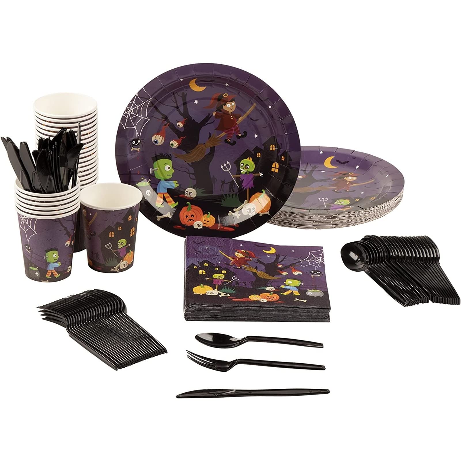 BLUE PANDA Halloween Party Supplies Set - 144 Piece Spooky Party Bundle with Plates, Napkins, Cups & Cutlery for 24 Guests - Perfect for Halloween Decorations, Themed Parties & Trick-or-Treat Gatherings