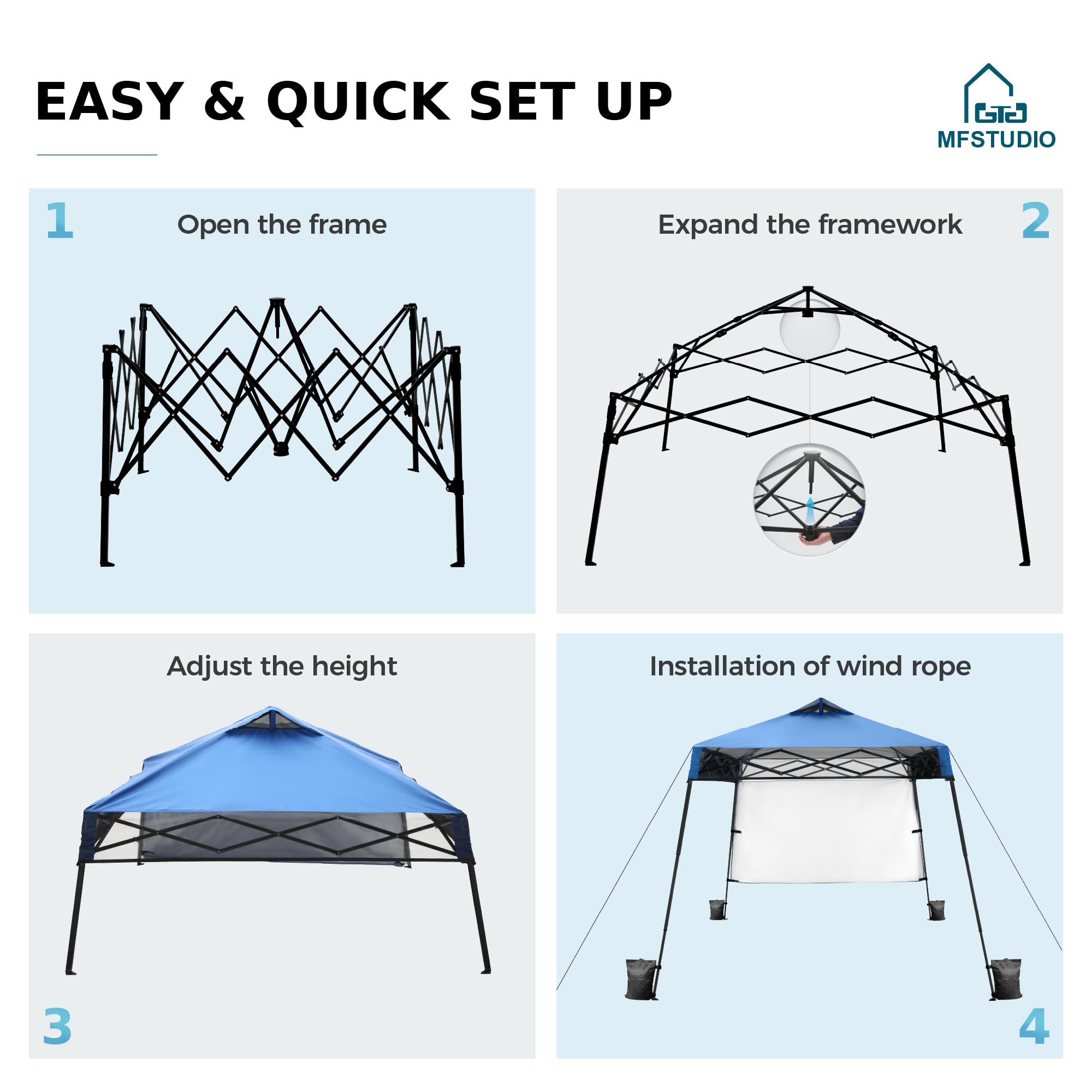 MFSTUDIO 10x10 Pop Up Canopy Tent - Waterproof Outdoor Gazebo with Sidewall, Portable Sun Shelter for Beach, Camping, Backyard Parties, Picnics & Tailgating - Light Blue Patio Canopy for Instant Shade & Rain Protection