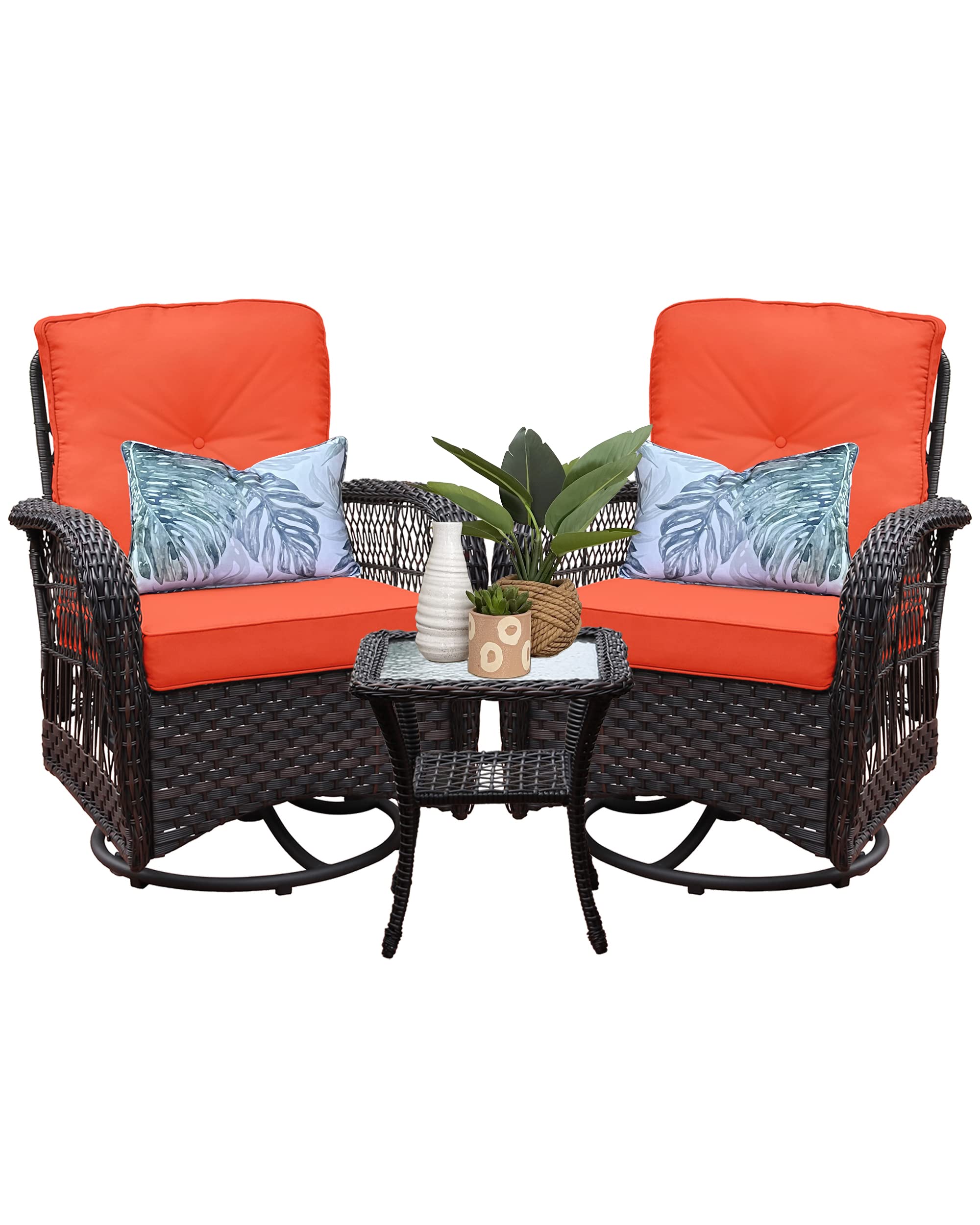 Harlie & Stone 3-Piece Outdoor Patio Set - 2 Swivel Rocker Chairs & Side Table with Premium Fabric Cushions, Dark Brown Wicker & Orange Cushion - Perfect for Garden, Poolside, Deck or Balcony Relaxation