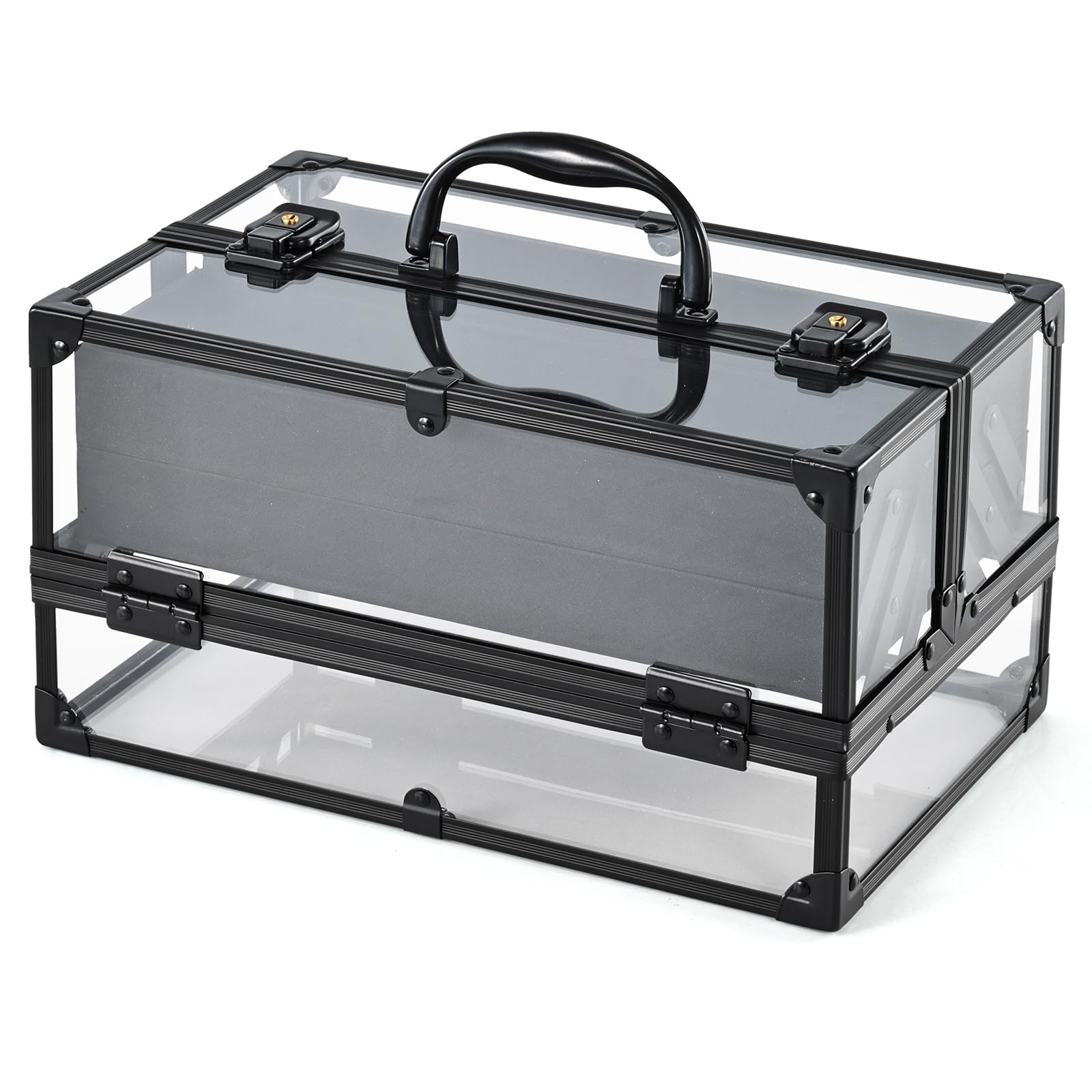 FRENESSA 11.8 Inch Professional Makeup Train Case - Acrylic Cosmetic Organizer with 4 Trays | Portable Makeup Storage Box for Makeup Artists, Stylists & Travel | Black Beauty Display Case for Salon, Home & Professional Use