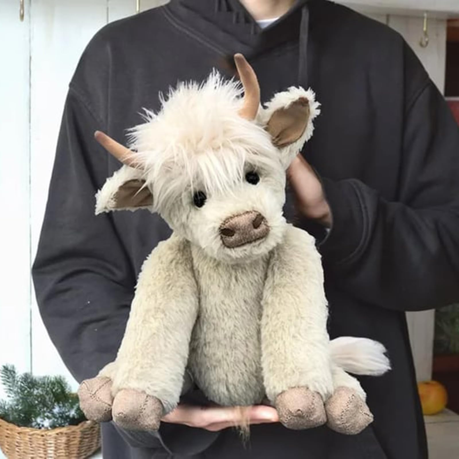 Theorbi Highland Cow Plush Toy with Music - Soft & Realistic Scottish Cow Stuffed Animal, Cute White Plushie Gift for Kids, Girls & Boys | Nursery Decor, Birthday Present, Cuddle Companion