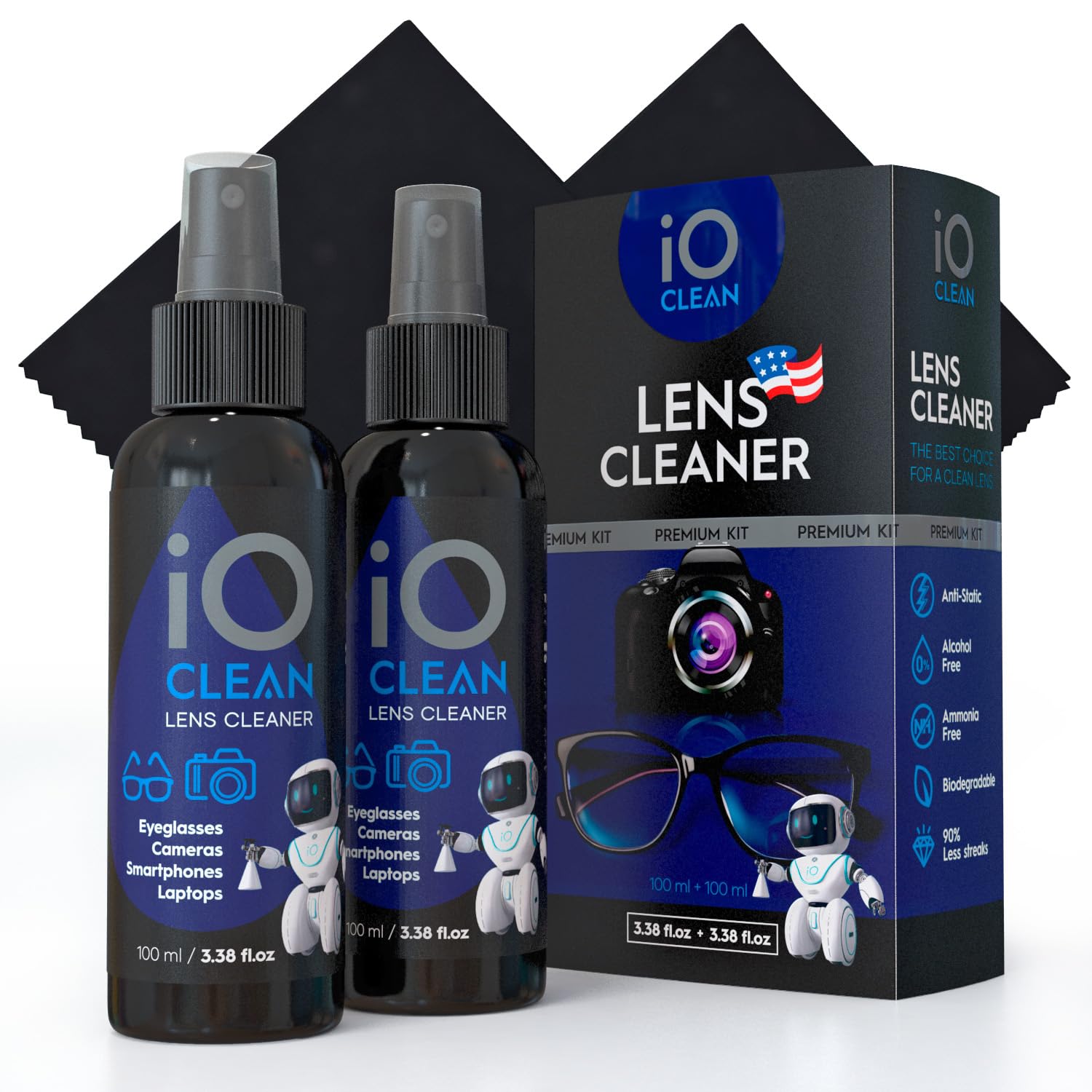 Premium Eyeglass Lens Cleaner Kit (3.38oz x 2 + 2 Microfiber Cloths) - Streak-Free Cleaning Solution for Glasses, Screens, Cameras, Laptops, Touchscreens & Electronics - Perfect for Home, Office, Travel & Outdoor Use