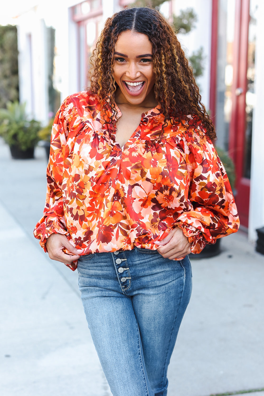 Fall Vibes Rust Floral Print Notched Neck Smocked Satin Blouse - Elegant Women's Tops for Autumn Outfits, Date Nights & Office Wear
