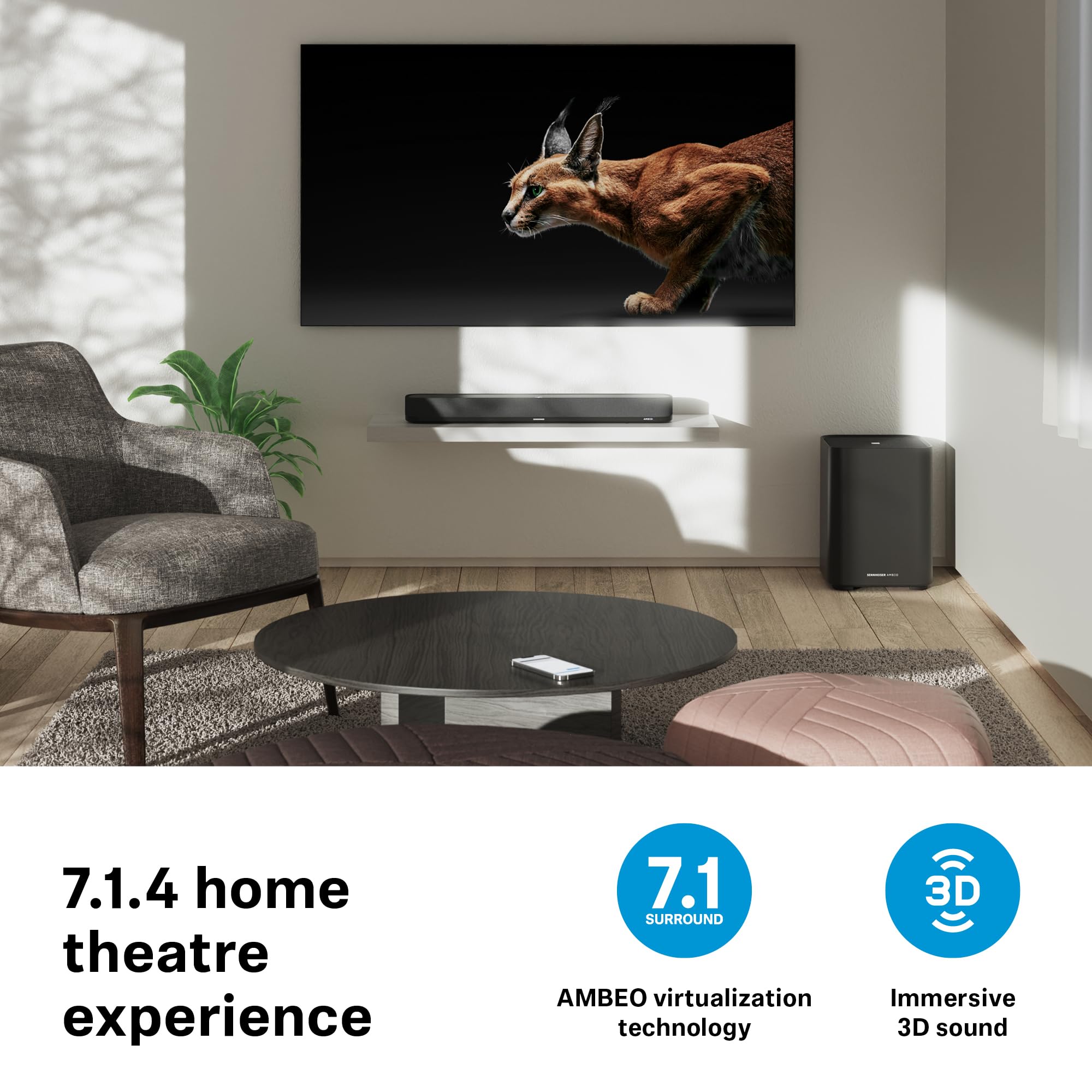 Sennheiser AMBEO Soundbar Mini - Compact 3D Soundbar with Immersive Audio for TV, Movies & Music | Adaptive EQ, Bluetooth/WiFi Connectivity | Perfect for Home Theater & Gaming Setup