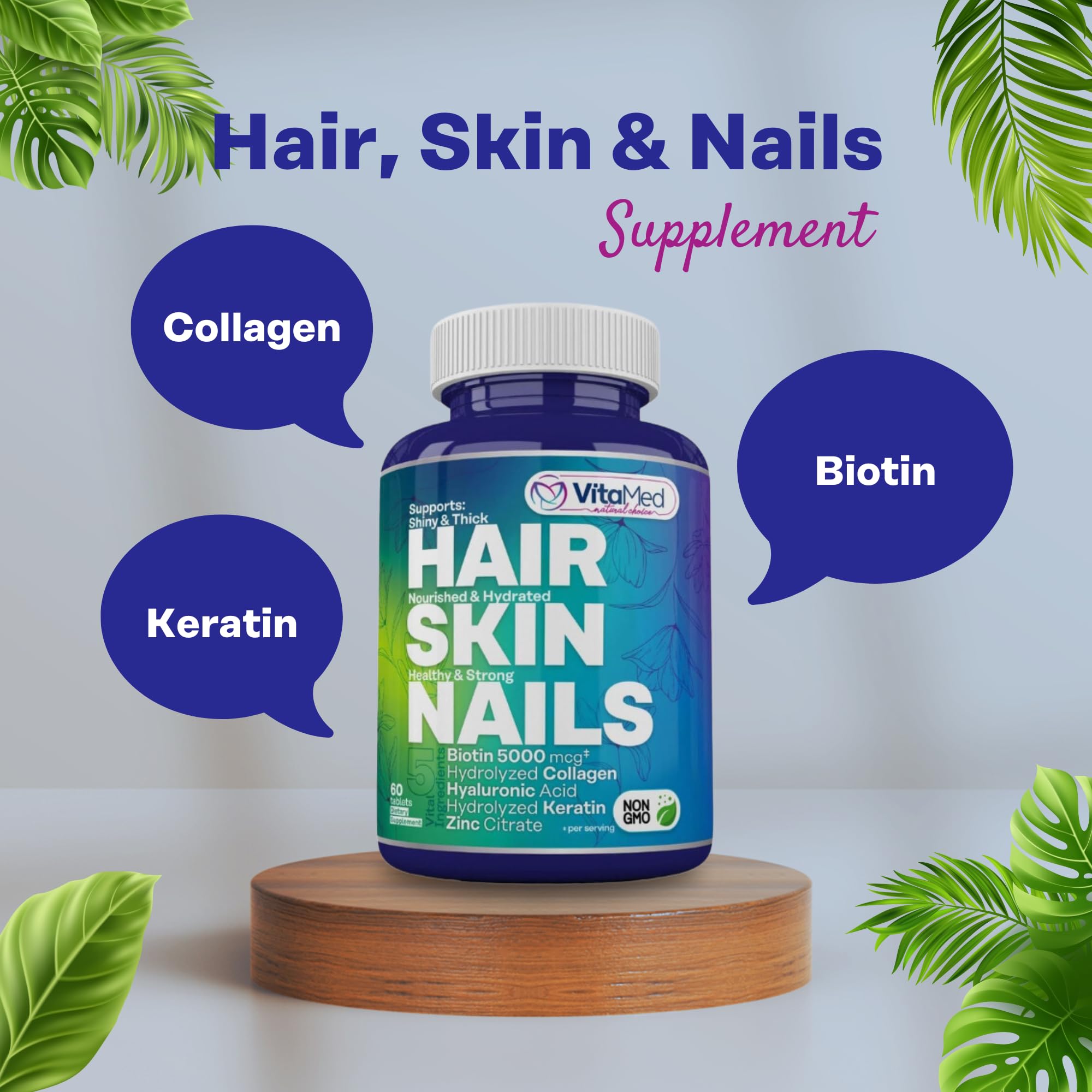 Premium Hair, Skin & Nails Vitamins with Biotin 5000mcg, Collagen, Keratin & Hyaluronic Acid - Supports Hair Growth, Strong Nails & Healthy Skin - 60 Tablets for Women & Men - Perfect for Daily Beauty Supplement Routine
