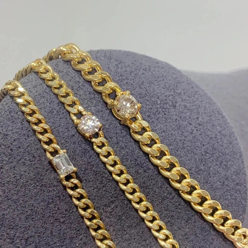 18K Yellow Gold Diamond Bracelet for Women - Classic Emerald & Round Cut Natural Diamond Cuban Chain Vintage Jewelry - Perfect for Parties, Weddings & Special Occasions