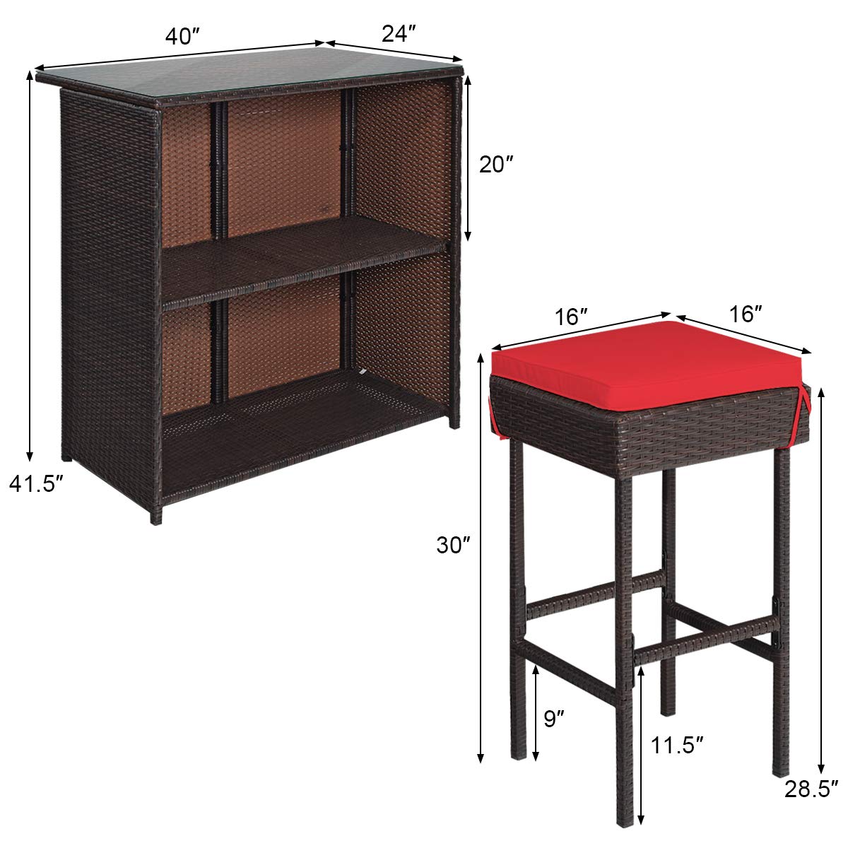 HappyGrill 3-Piece Outdoor Bar Set - Rattan Wicker Bar Stools & Table with Weather-Resistant Cushions & Tempered Glass Top - Perfect for Poolside, Garden, Patio Dining & Entertaining with Convenient Storage Shelves