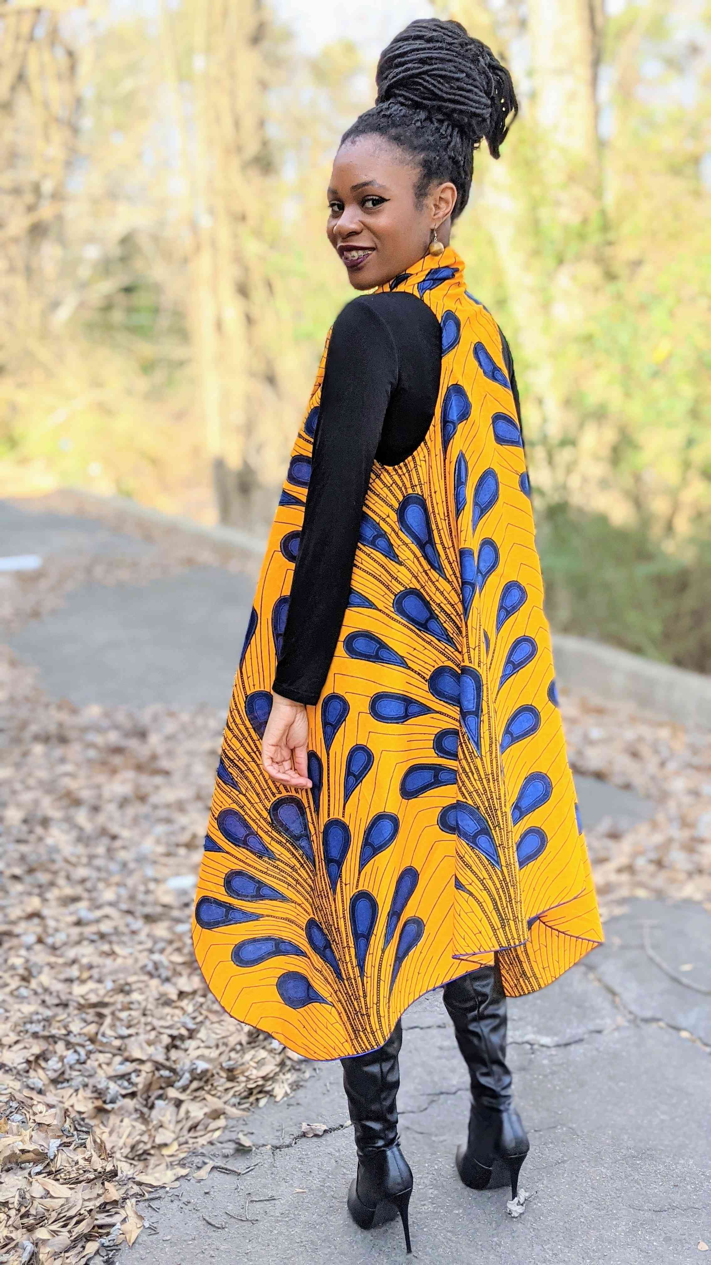 Ekaette Orange & Blue African Print Vest Shawl for Women - Stylish Wrap Scarf for Parties, Weddings & Cultural Events | DPP3816SH