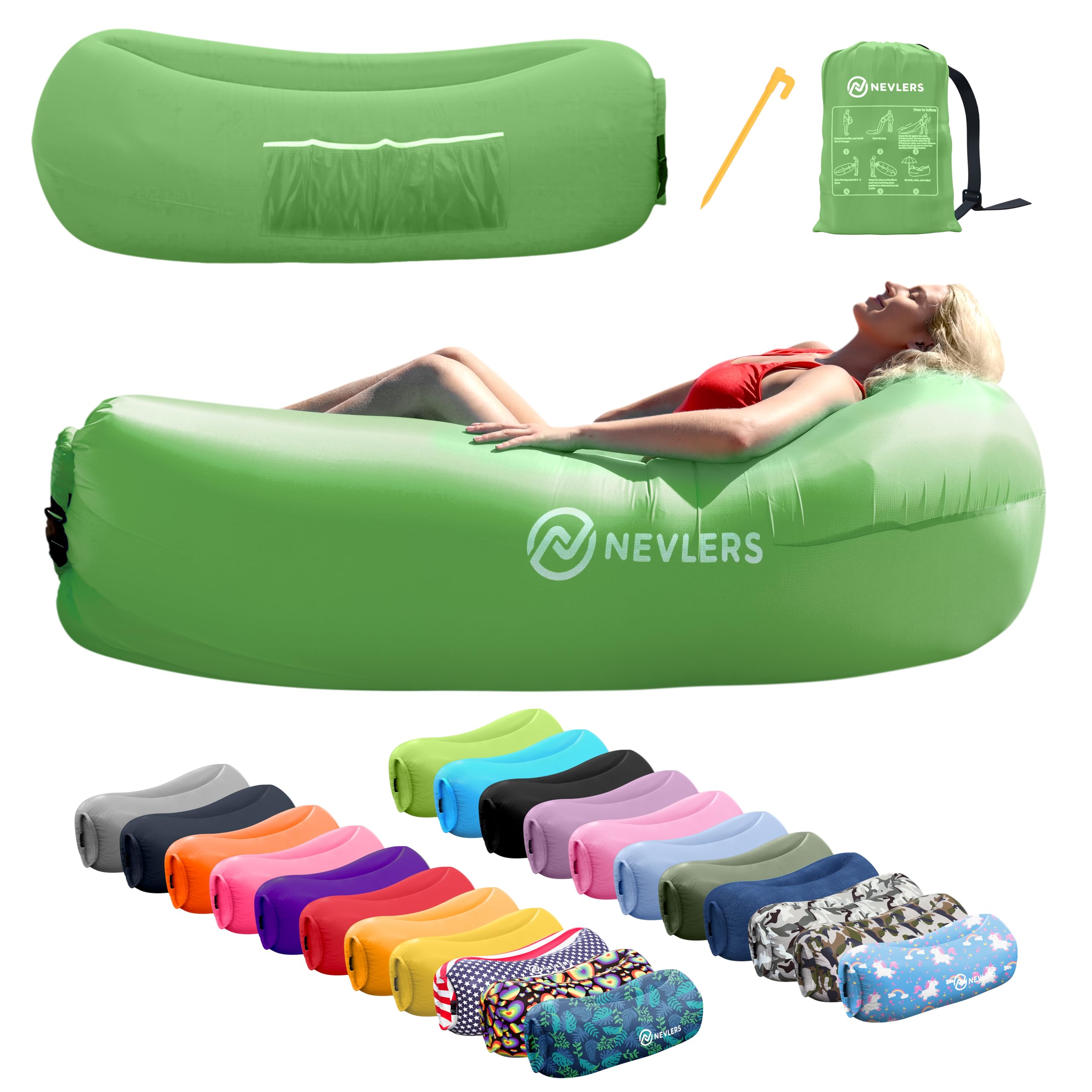 Nevlers Inflatable Lounger - 210T Polyester Portable Air Sofa Bed with 450 lbs Capacity, No Pump Needed, Built-in Pockets & Carry Bag - Perfect for Camping, Beach, Poolside, Indoor & Outdoor Use for Adults and Kids