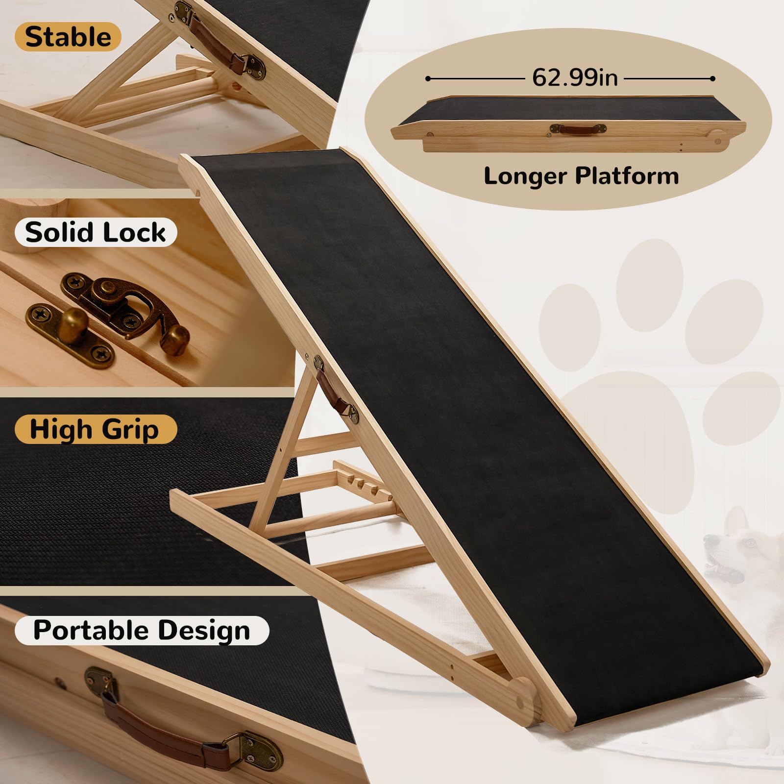63IN Extra Long Folding Wooden Dog Ramp - 5 Level Adjustable Pet Stairs for High Beds, Couches & Cars - Non-Slip Rubber Mat with 17.7