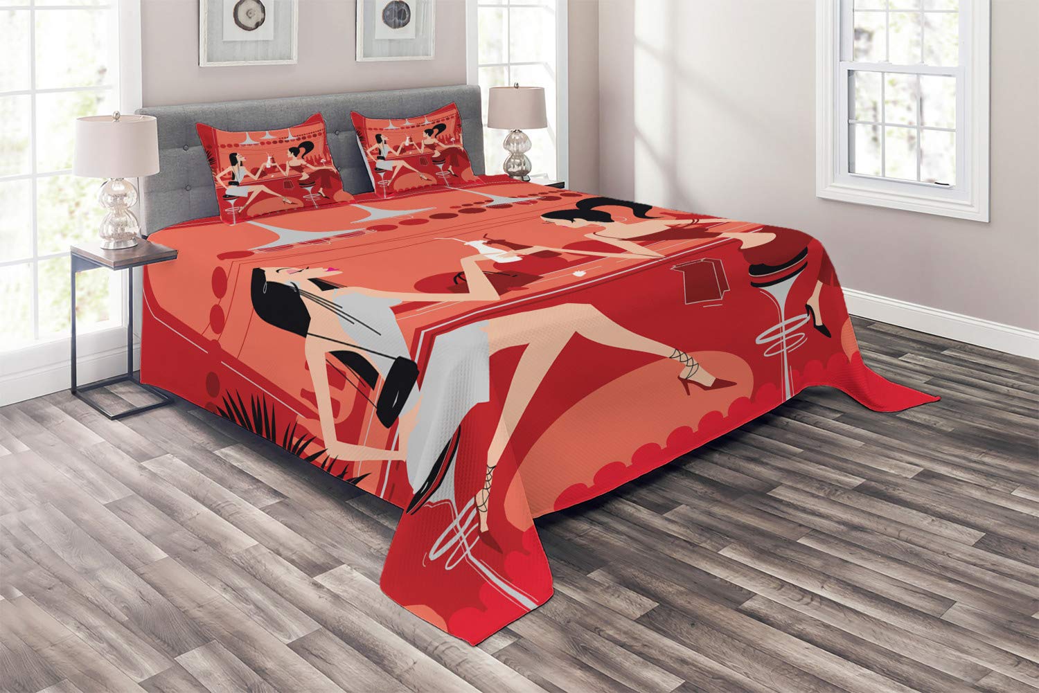Ambesonne 3-Piece Quilted Bedspread Set with 2 Pillow Shams - Queen Size Vermilion Ruby Coral Print - Girls Night Out Cocktail Party Design - Perfect for Bedroom Decor, Guest Room & Dorm Room