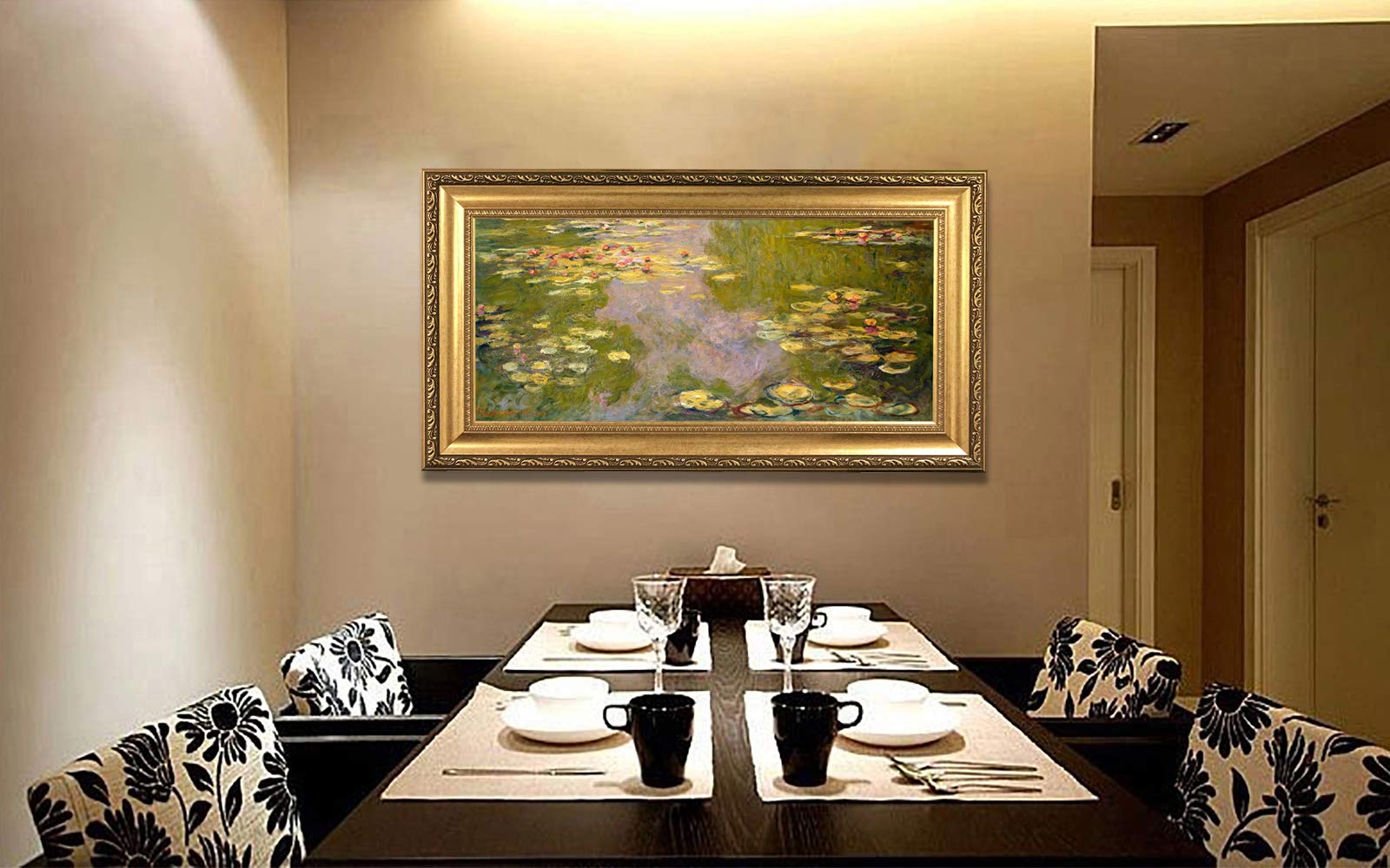 Claude Monet Water Lilies Oil Painting Reproduction - Giclee Wall Art Canvas Print, Framed 29x18 Inches, Handmade Decor for Living Room & Bedroom