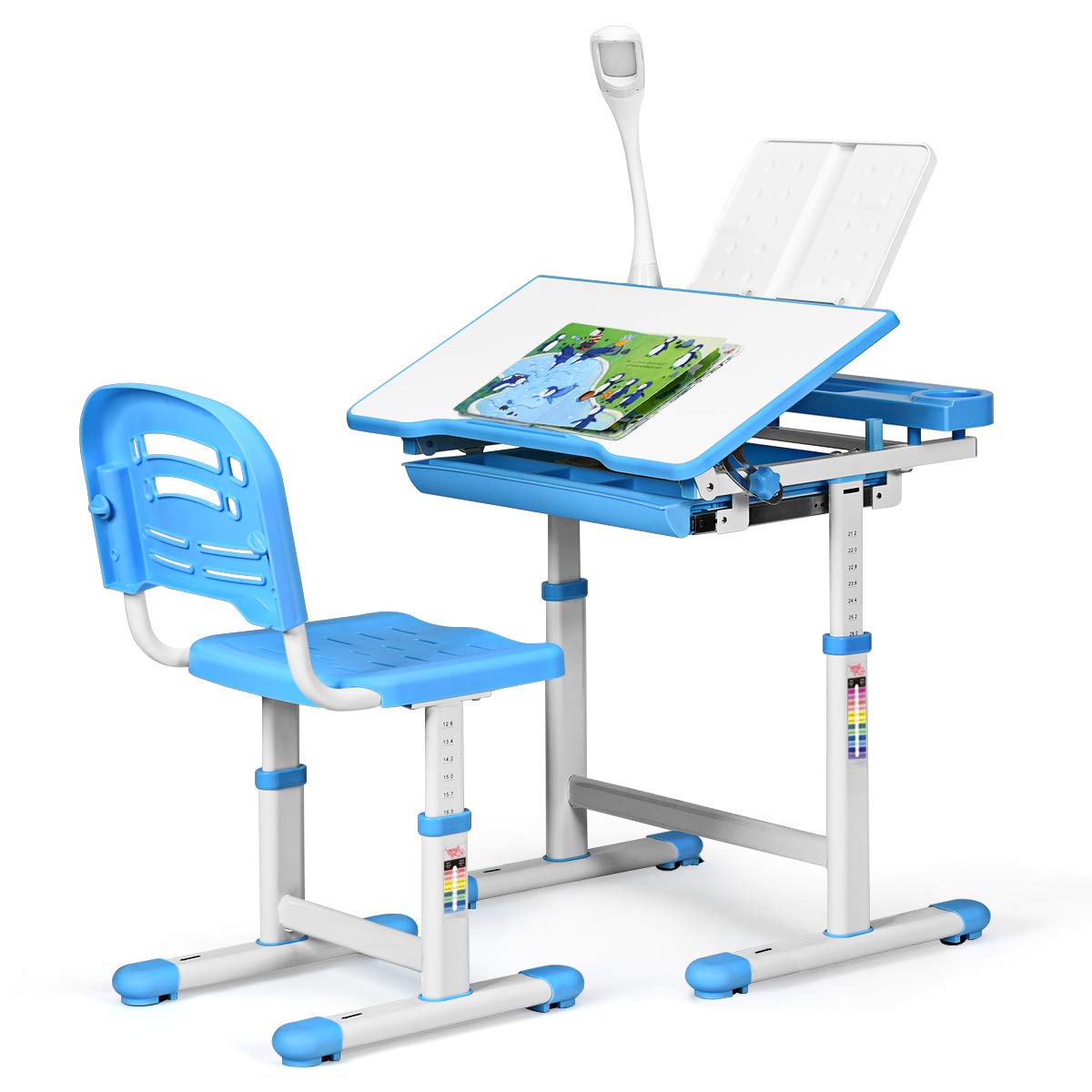 Posdutti Adjustable Kids Desk and Chair Set with LED Light - Ergonomic Study Desk for Boys & Girls, Tiltable Desktop, Book Stand & Storage Drawer - Perfect for Homeschooling, Online Learning & Bedroom Study Area