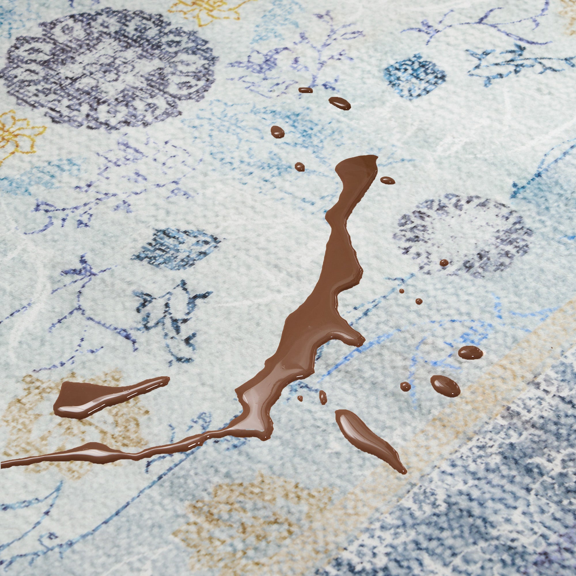 Easy Clean Washable Rug - Traditional Calm Blue Floral Border Design - Durable Spillproof & Pet Friendly Non-Slip Pad - Perfect for Living Room, Bedroom & High Traffic Areas
