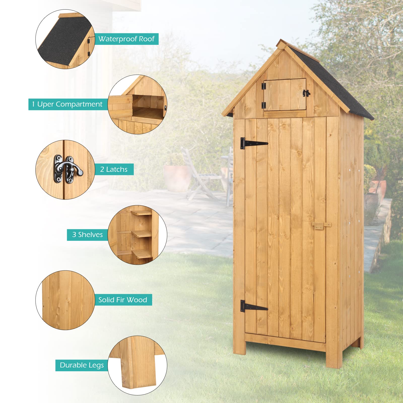 VINGLI Outdoor Wooden Storage Shed - Waterproof Garden Shed with Safety Latch, Heavy-Duty Tool Cabinet for Patio, Backyard & Lawn Equipment Organization (Teak Wood) | Perfect for Storing Gardening Tools, Pool Supplies & Seasonal Decor