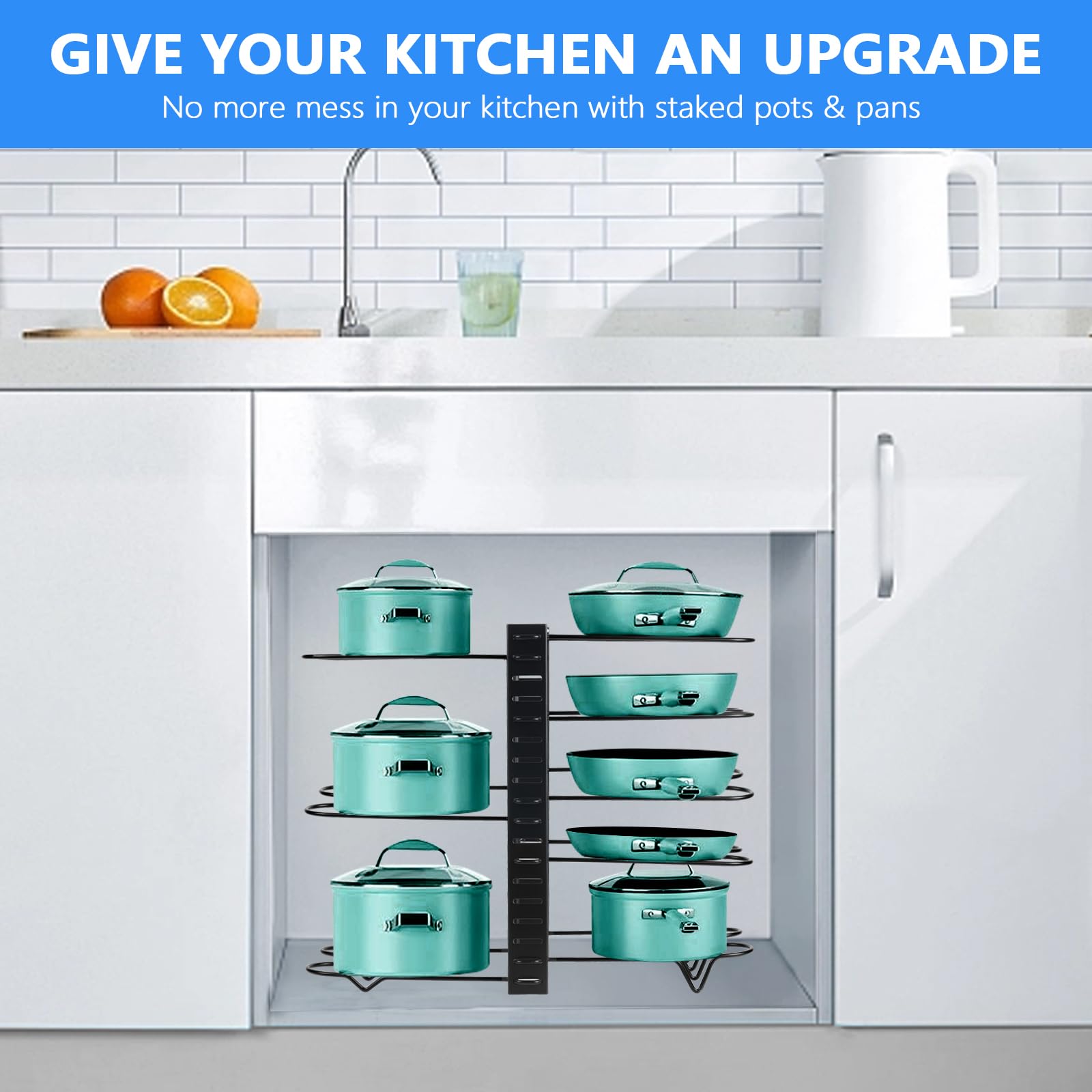 8-Tier Adjustable Kitchen Pot and Pan Organizer for Cabinet - Space-Saving Cookware Storage with 3 DIY Installation Methods & Lid Holders - Perfect for Small Kitchens, RVs, and Apartment Organization (Black)