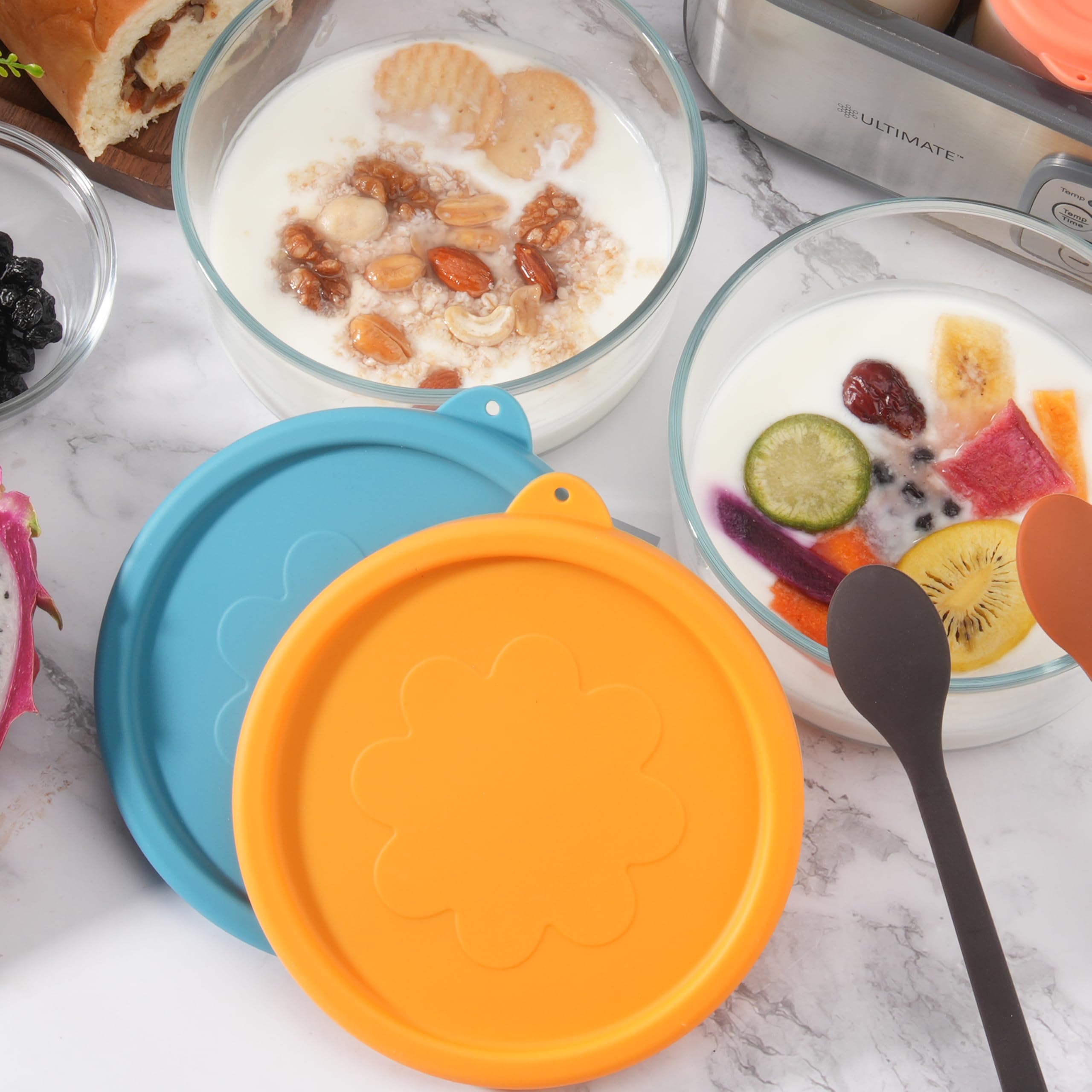 2-Pack Silicone Replacement Lids for 1-Quart Glass Yogurt Containers (4 Cup) - Reusable, Dishwasher, Freezer & Microwave Safe - Perfect for Food Storage, Meal Prep & Leftovers (Containers Not Included)
