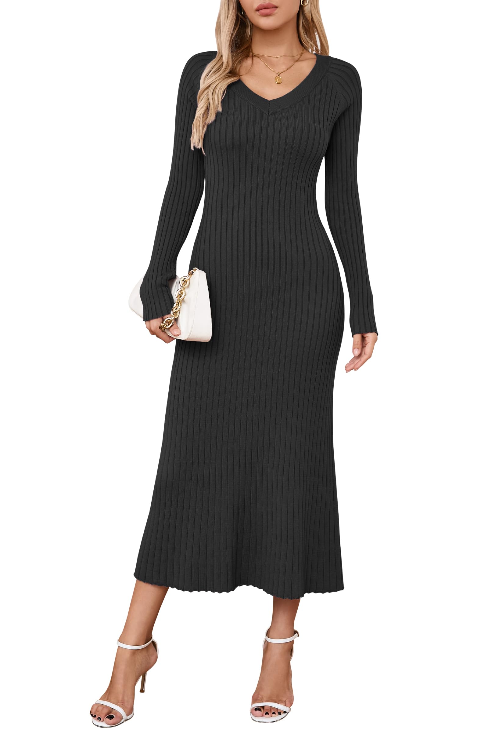 Arach&Cloz 2025 Spring Women's V-Neck Long Sleeve Ribbed Knit Fishtail Sweater Dress - Slim Fit Bodycon Midi Dress for Work, Date Night & Casual Outings