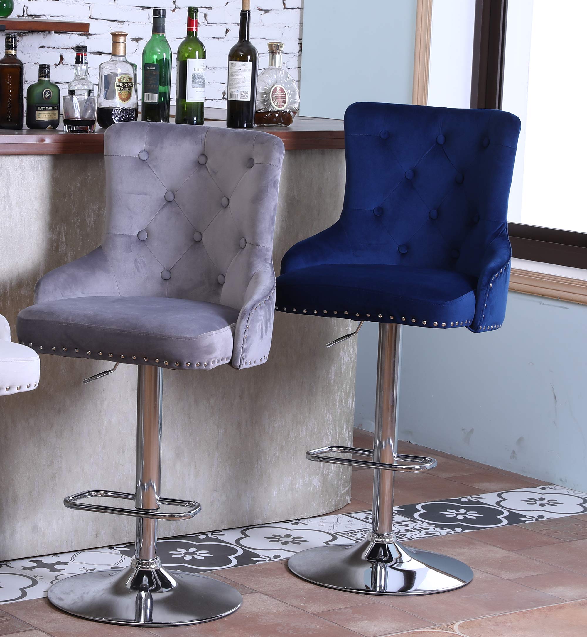 Swivel Bar Stools with Velvet Upholstery - Adjustable Height Counter Stools with Polished Chrome Metal Base - Set of 2 for Kitchen Island, Breakfast Bar & Home Decor (Gray) - Modern & Comfortable Seating for Dining & Entertaining