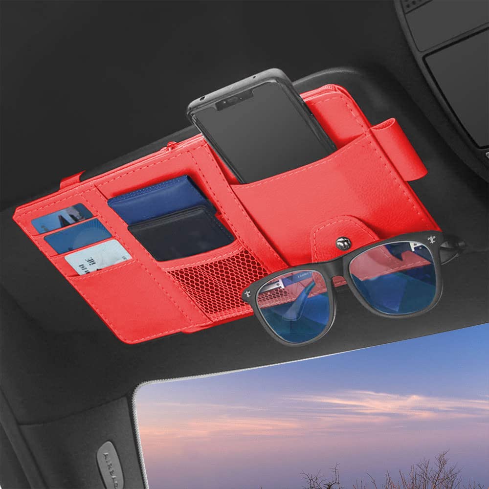 1 Pack Car Sun Visor Organizer - Sunglasses & Documents Holder for Car Visor - Auto Interior Accessories with Pockets for Cards, Pen, Driver's License (Red) - Perfect for Road Trips & Daily Commute