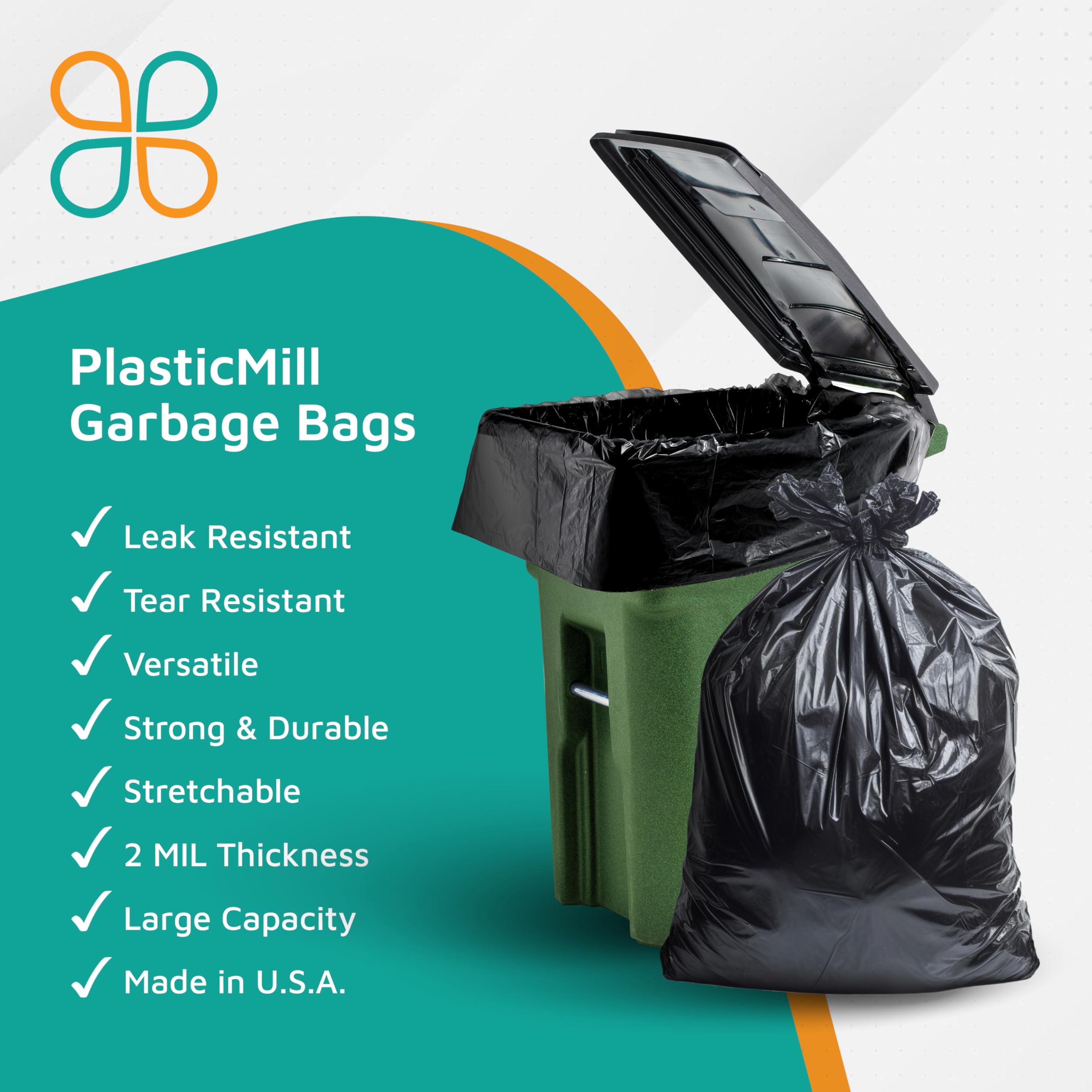PlasticMill Heavy Duty Trash Bags - 64 Gallon Large Kitchen Garbage Bags, 2 Mil Thick, 50