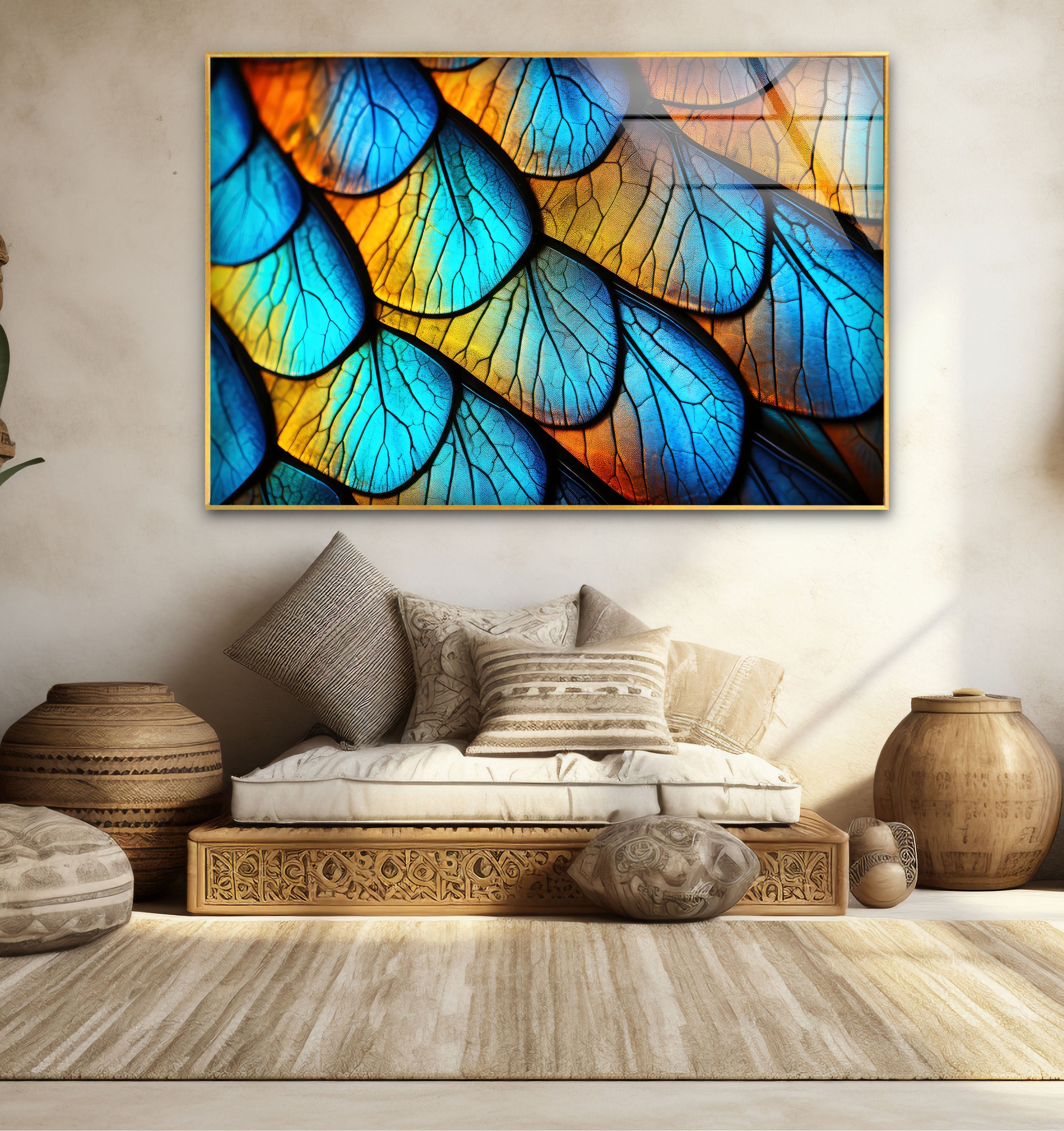 Blue Gold Leaf Texture Wall Art - Abstract Nature Pattern Glass Print for Home & Office Decor | Modern Framed Wall Painting for Living Room, Bedroom, Office