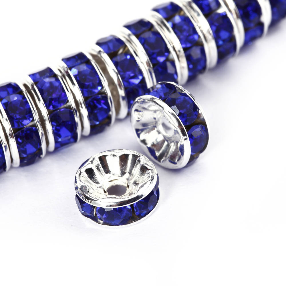 Dark Blue Rhinestone Rondelle Spacer Beads - Gold/Silver Plated - 4mm/6mm/8mm/10mm - 50pcs per Bag - DIY Jewelry Making, Bracelet & Necklace Design, Craft Projects