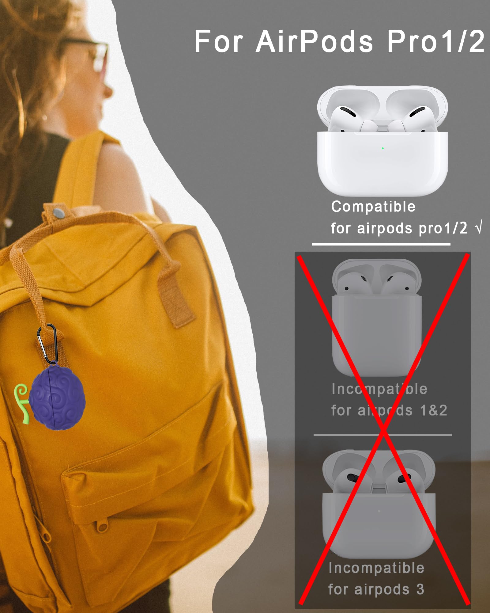 2-Pack Cute 3D Cartoon Devil Fruit Silicone Case Cover for AirPods Pro 1st Generation - Protective Accessories Set in Purple & Red-Yellow (Perfect Gift for Boys & Girls) - Ideal for School, Travel, and Everyday Use