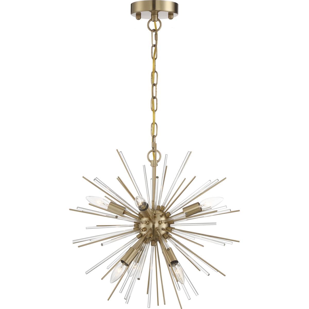 Vintage Brass NUVO 60/6992 Cirrus Chandelier with Glass Rods - 6-Light Fixture for Dining Room, Living Room, or Bedroom Elegant Lighting