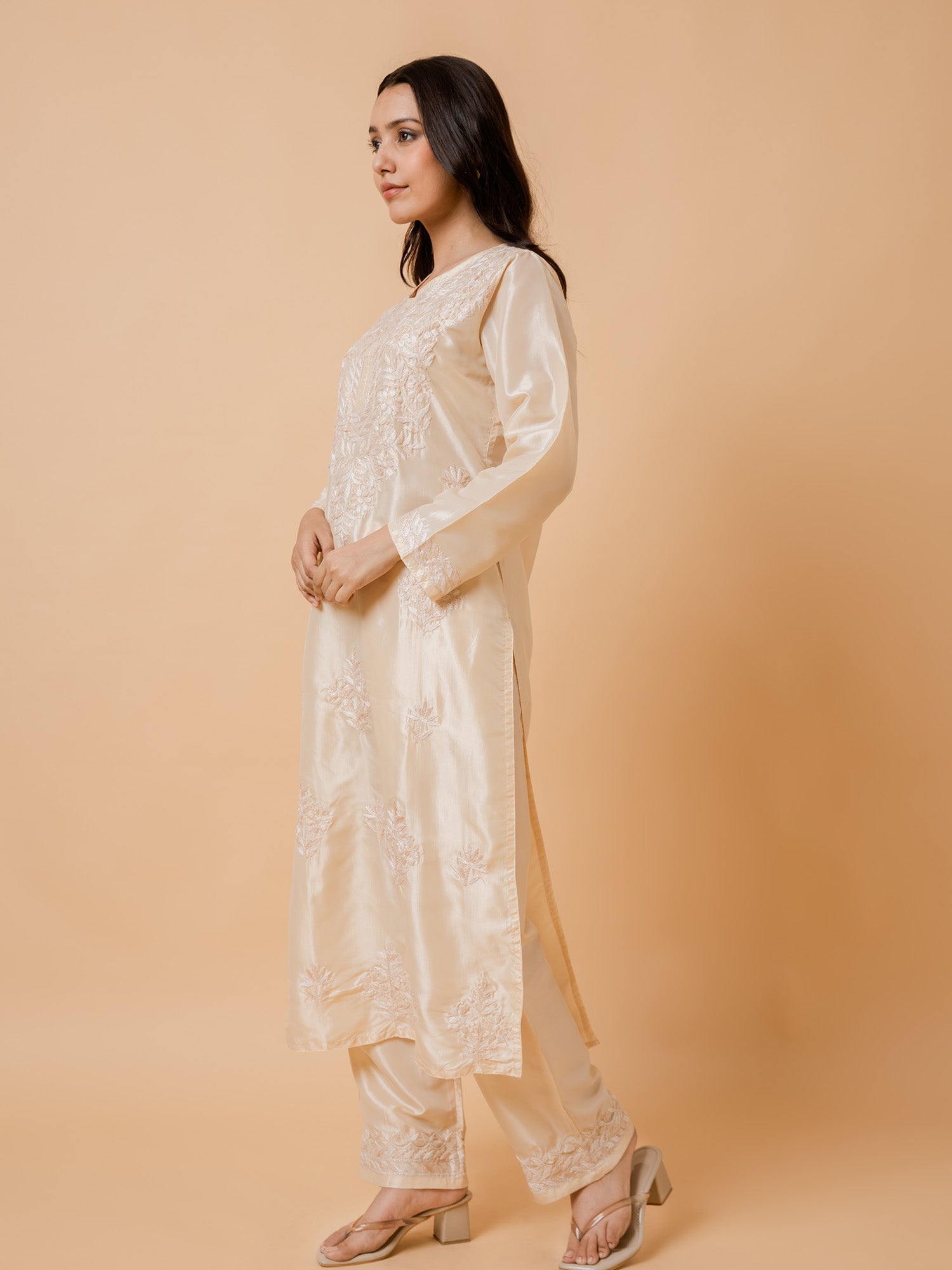 Elegant Beige Saba Silk Chikankari Kurta Set for Women - Traditional Indian Ethnic Wear for Festivals, Weddings & Special Occasions
