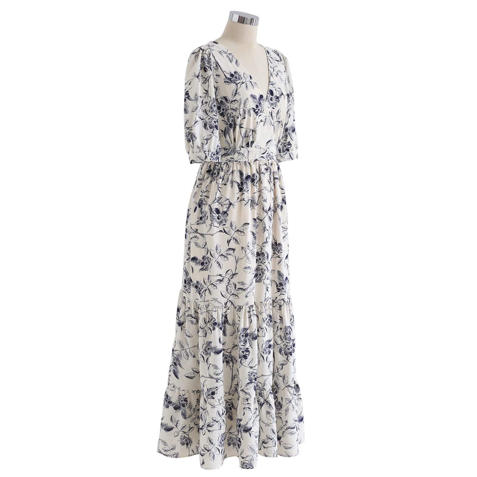CHICWISH Women's Navy Blue Floral Wrap Maxi Dress with Ruffles - Perfect for Summer Beach Vacations, Date Nights & Special Occasions