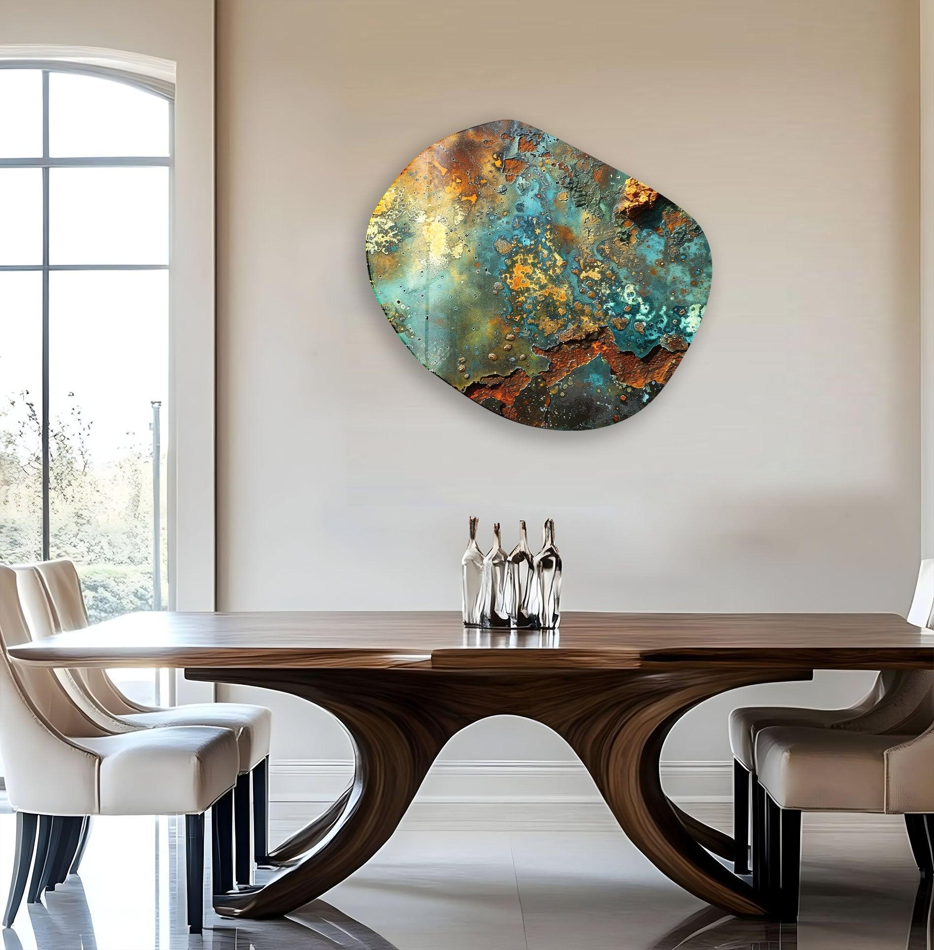 Abstract Green & Copper Oval Glass Wall Art - Modern Home Decor for Living Room, Bedroom & Office - Handmade Glass Artwork for Unique Interior Design