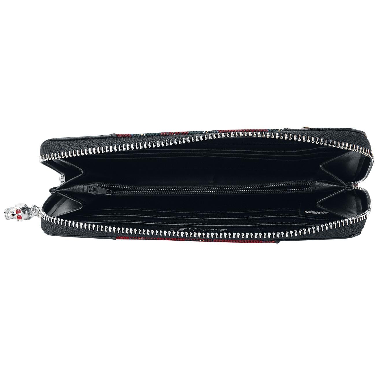 Lost Queen Red Tartan Plaid Punk Wallet with Skull Charm & Handcuff Design - Zip Around Clutch for Gothic Fashion, Rock Concerts & Alternative Lifestyle