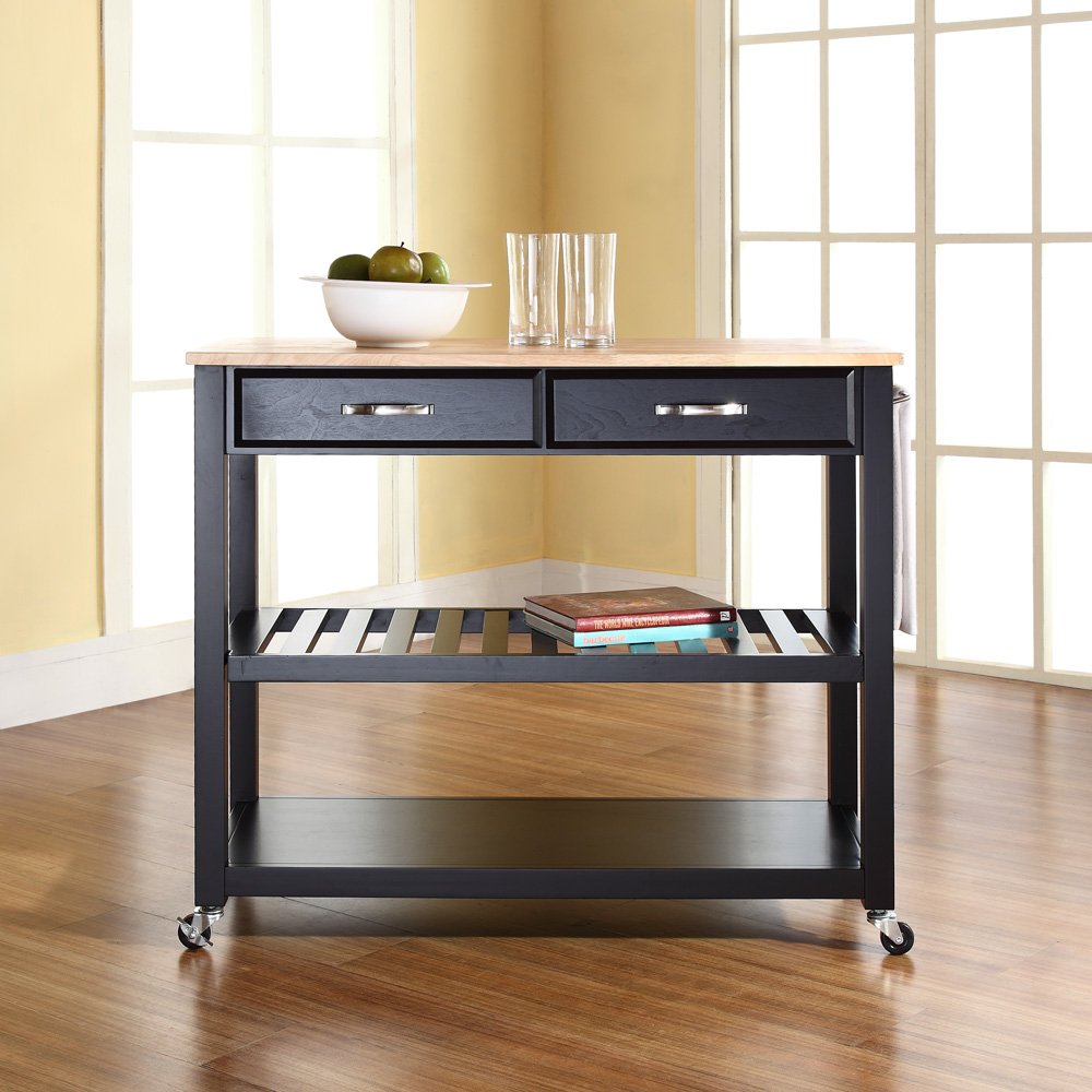 Crosley Black Wood Top Kitchen Rolling Cart with Shelves & Drawers - Microwave Stand, Coffee Bar Station, Prep Cart for Small Spaces - Perfect for Kitchen, Dorm, Office & Apartment Storage