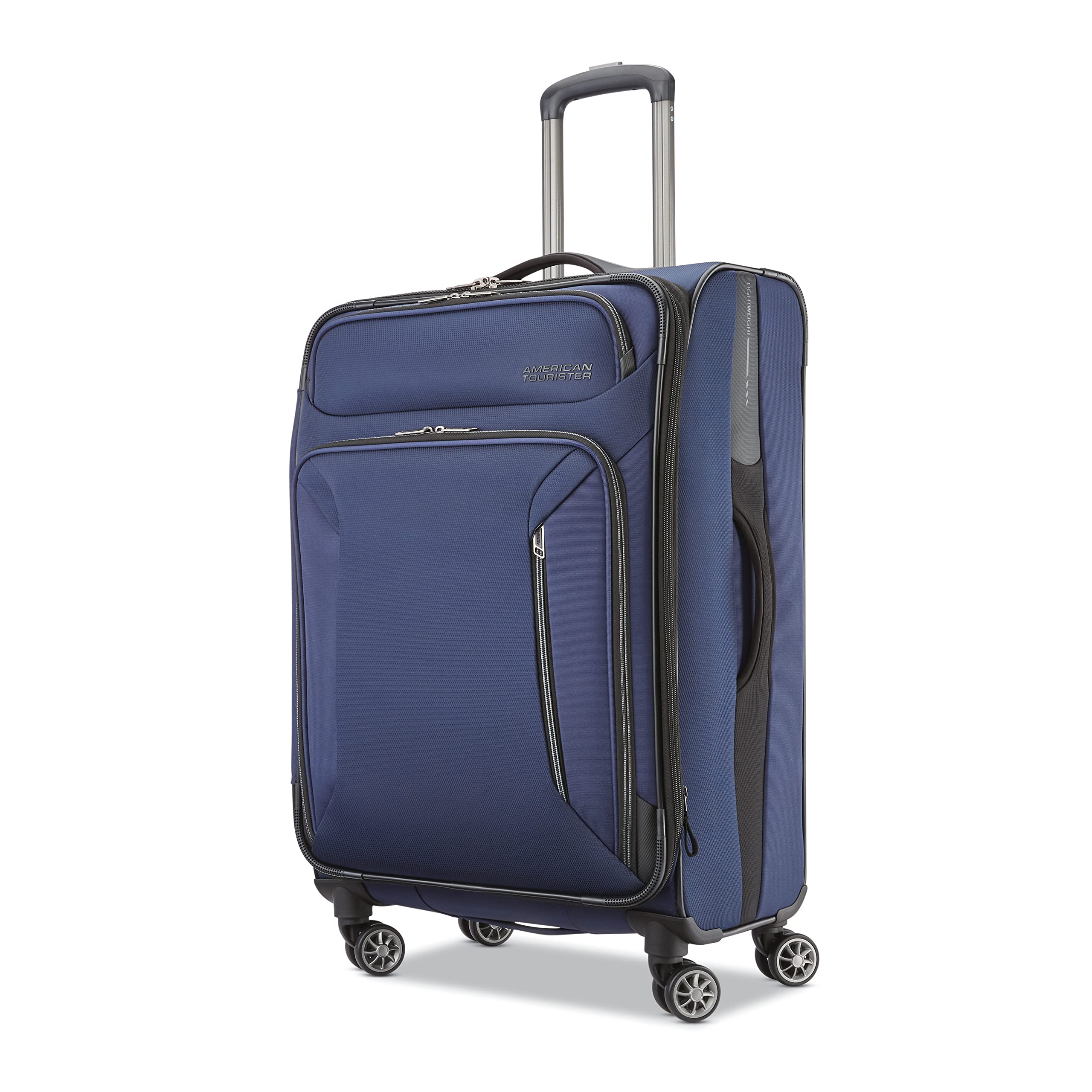 American Tourister Zoom Softside Luggage with 360° Spinner Wheels - Navy Blue Checked-Medium 25-Inch Suitcase for Travel, Business Trips & Family Vacations | Durable & Lightweight Carry-On Luggage