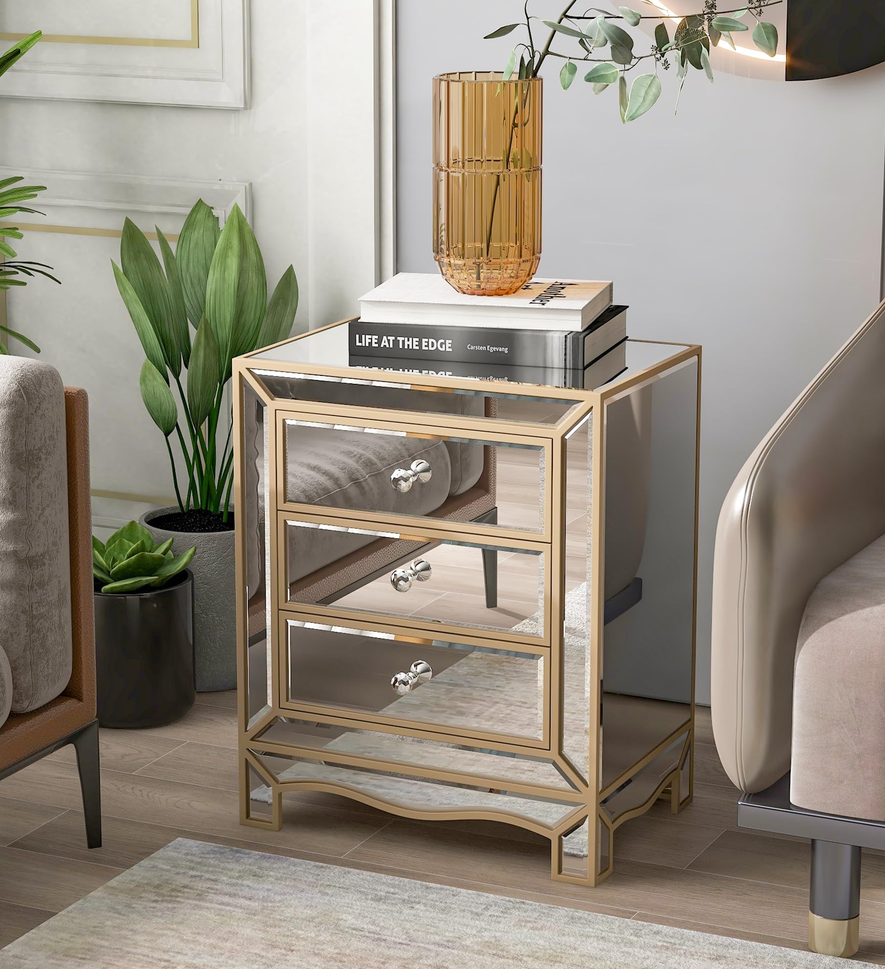 Elegant Gold Trim Mirrored Nightstand with 3 Drawers & Crystal Knobs - Silver End Table for Bedroom, Living Room, Office | Perfect Bedside Table with Mirror Accent for Home Decor & Storage
