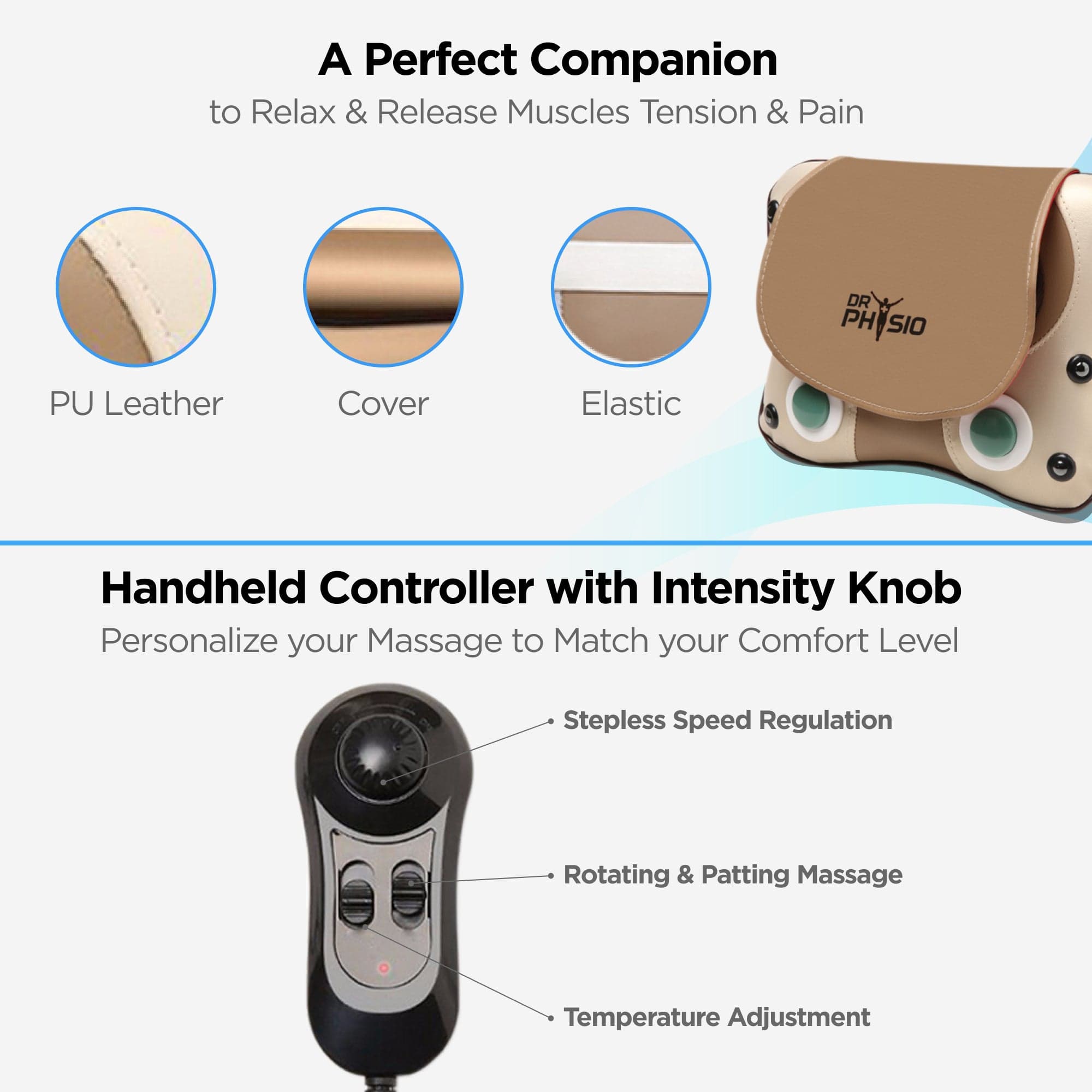 Dr Physio USA 3D Massage Pillow for Back, Shoulder & Leg Pain Relief - Shiatsu Kneading Rolling Heating Massager with Adjustable Speed - Perfect for Home, Office & Car Use - Model 1009 (Brown)