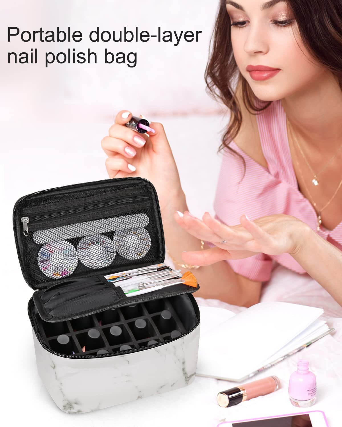 Professional Marble Nail Polish Organizer Bag - Travel Nail Art Set Case with Multiple Compartments for Manicure Tools & Accessories | Perfect for Salon, Home Use & On-the-Go Nail Care