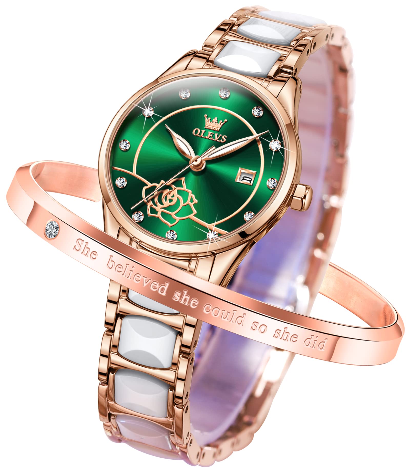 OLEVS Women's Rose Gold Ceramic Watch - Elegant Stainless Steel Quartz Wristwatch with Luminous Hands, Waterproof for Daily Use | Perfect for Office, Party & Casual Wear