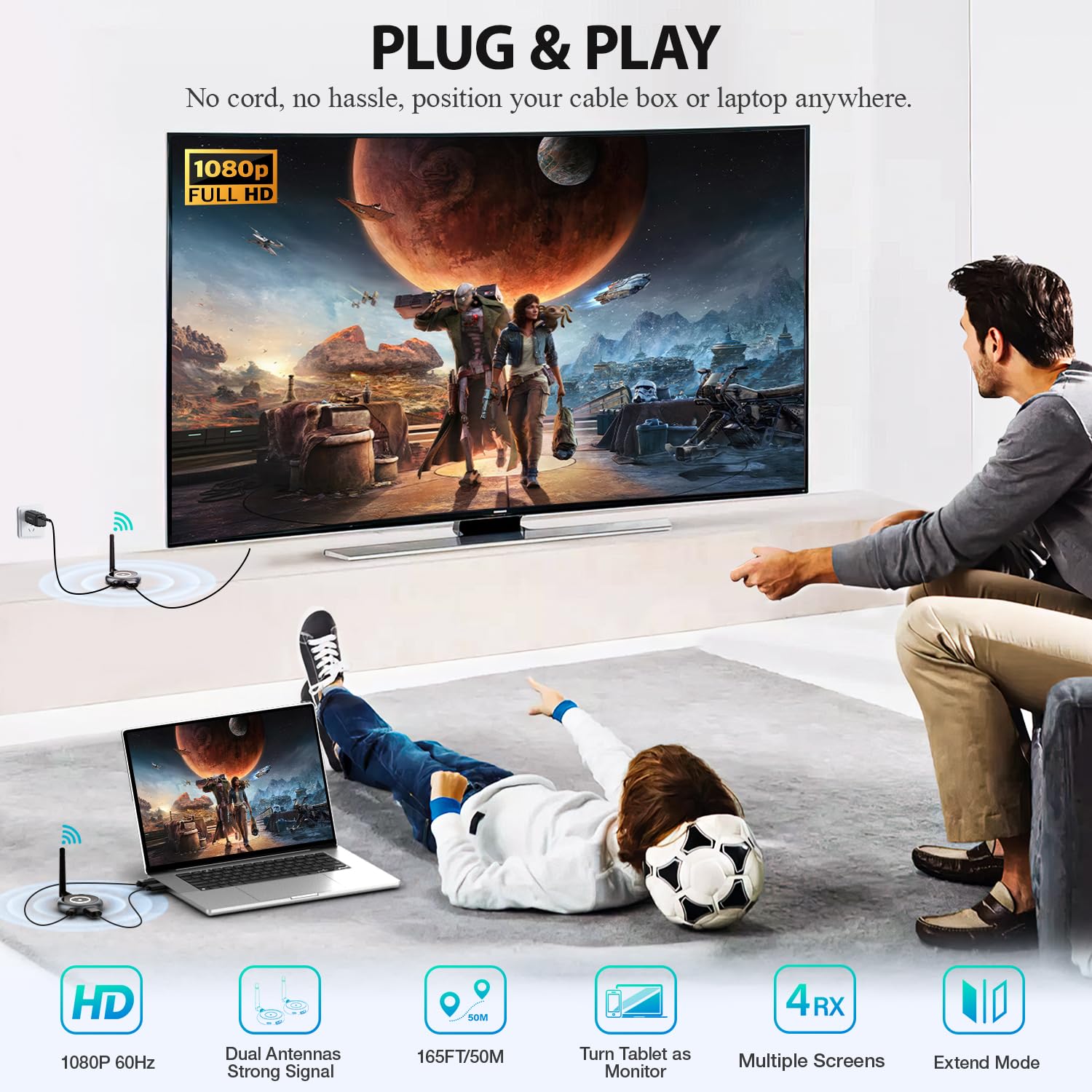 AIMIBO Wireless HDMI Transmitter and Receiver Kit - 4K HD Video Streaming to Multiple TVs & Monitors (1080P@60Hz) | HDMI Extender for Laptop, PC, Camera, TV Box | Wireless Video/Audio/PPT Casting up to 30M/98ft | Perfect for Home Theater, Business Presentations & Gaming Setups
